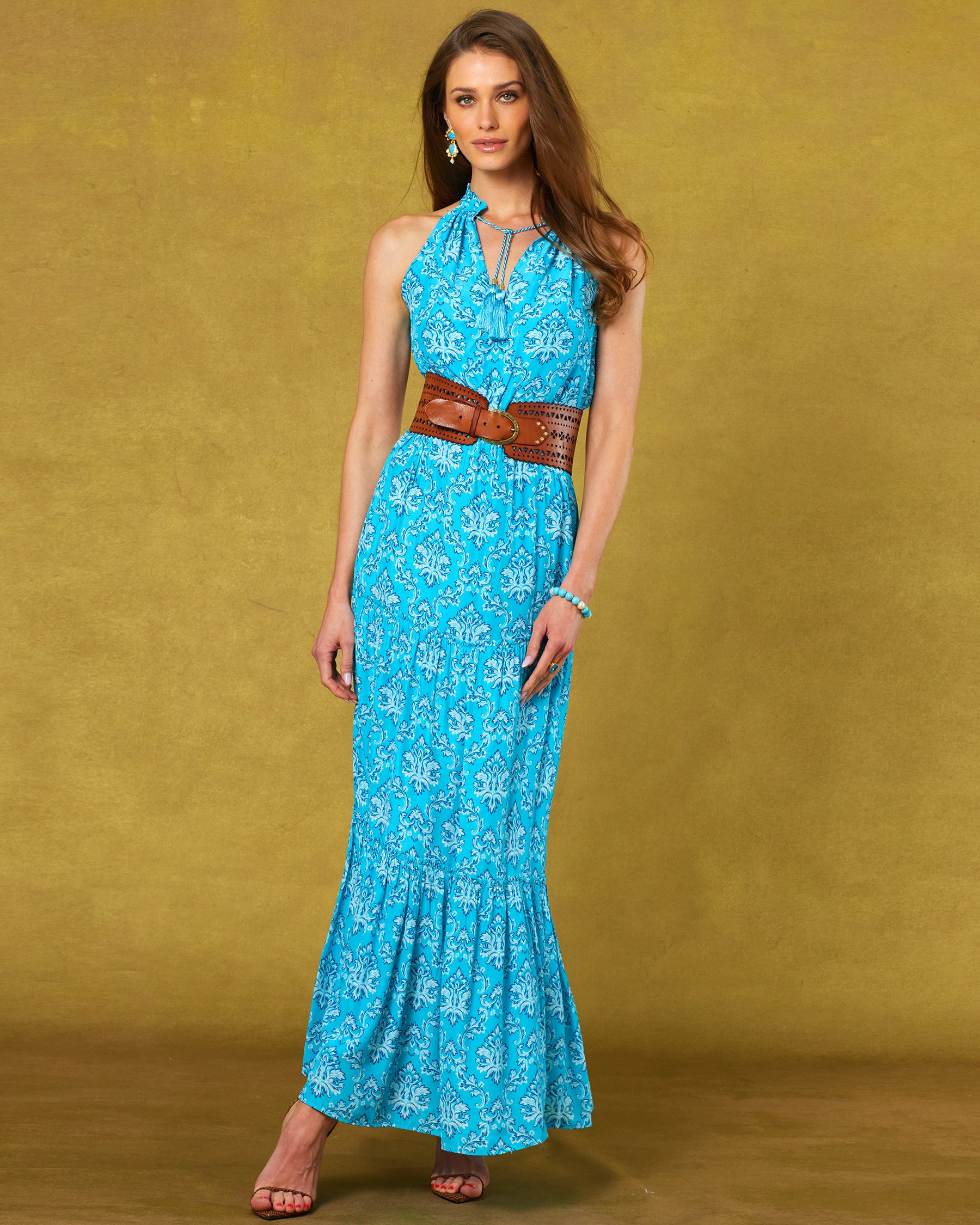 Campomaggi Malibu Wide Corset Pyramid Laser Cut Belt in Dark Brown worn with the Bailey Halterneck Maxi Dress in Turquoise Baroque Florals