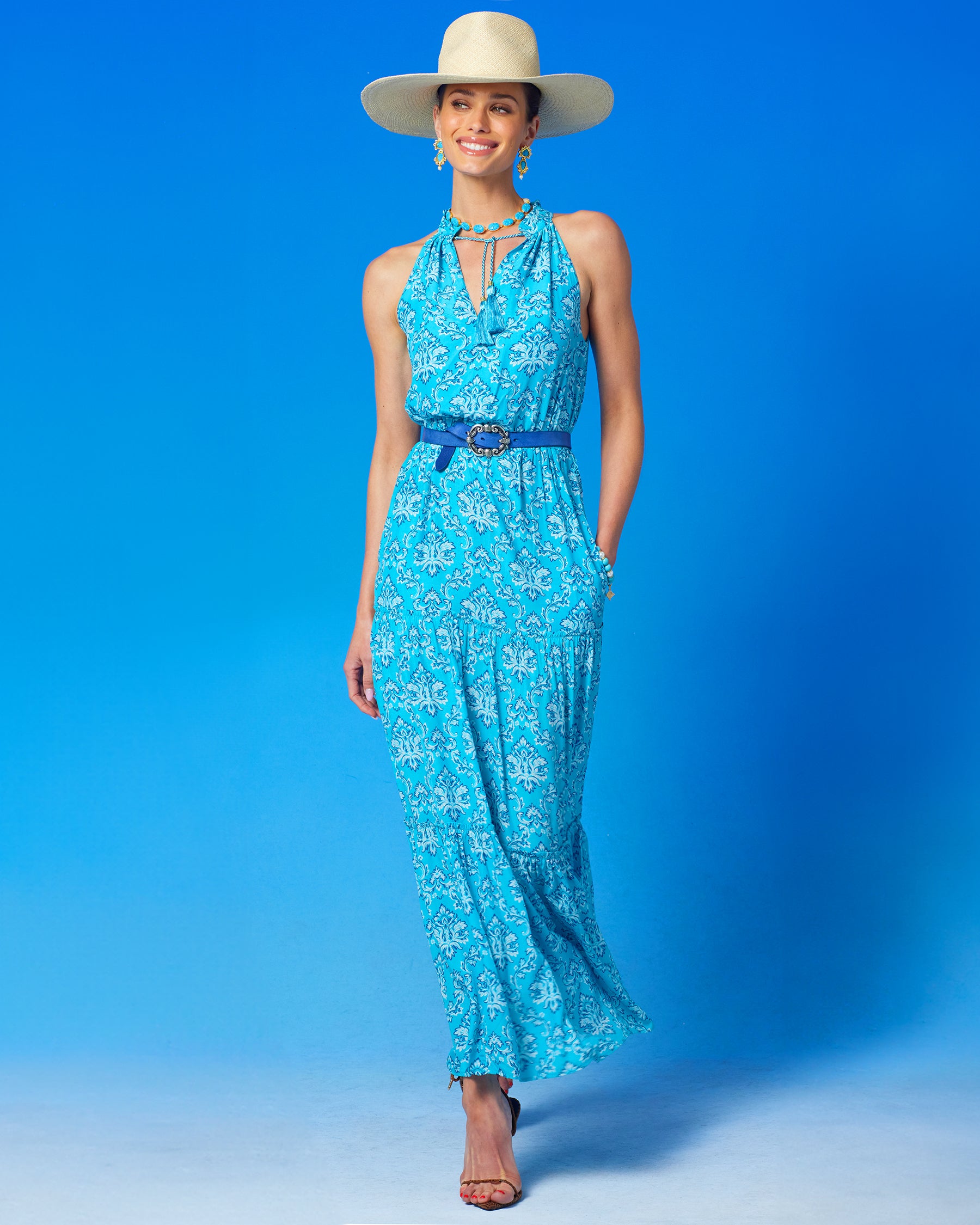 Harper Leather Belt in Indigo Blue worn with the Bailey Halterneck Maxi Dress in Turquoise Baroque Florals