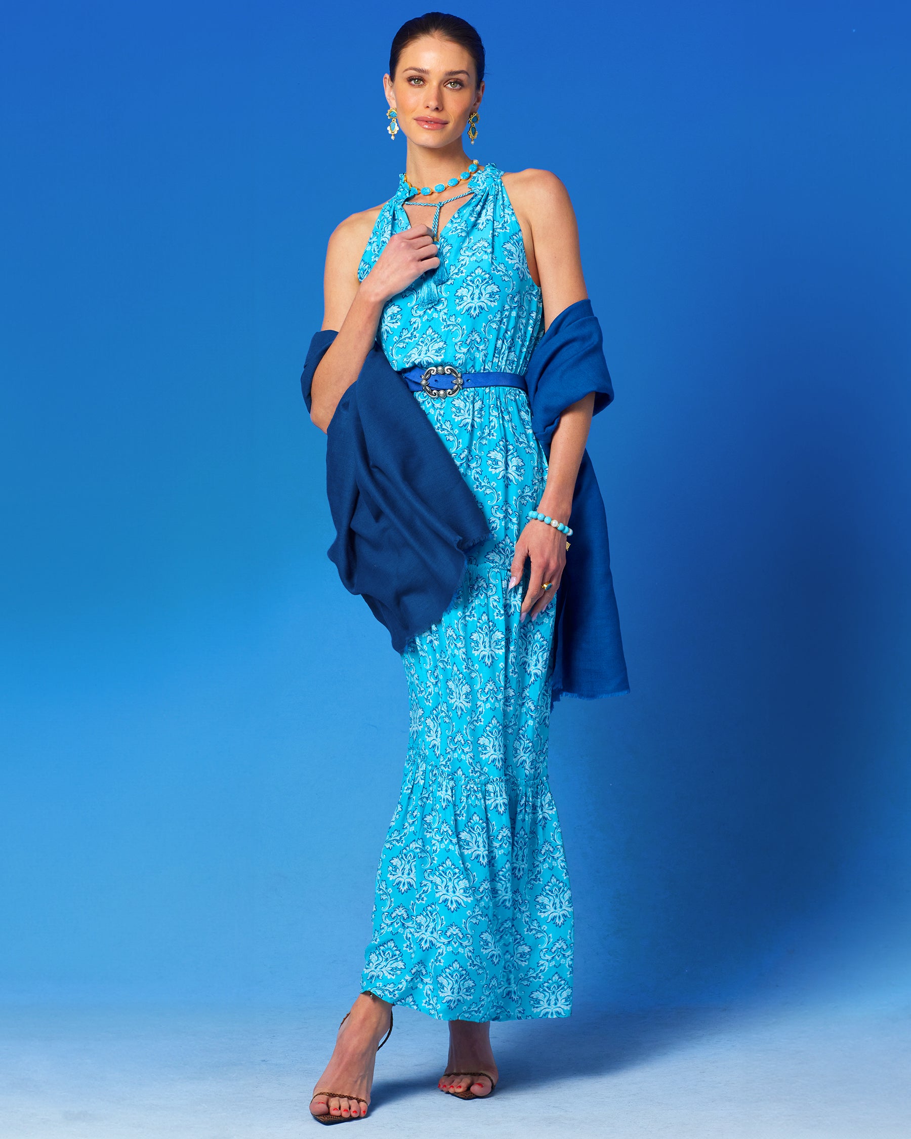 Bailey Halterneck Maxi Dress in Turquoise Baroque Florals worn with a navy blue pashmina shawl