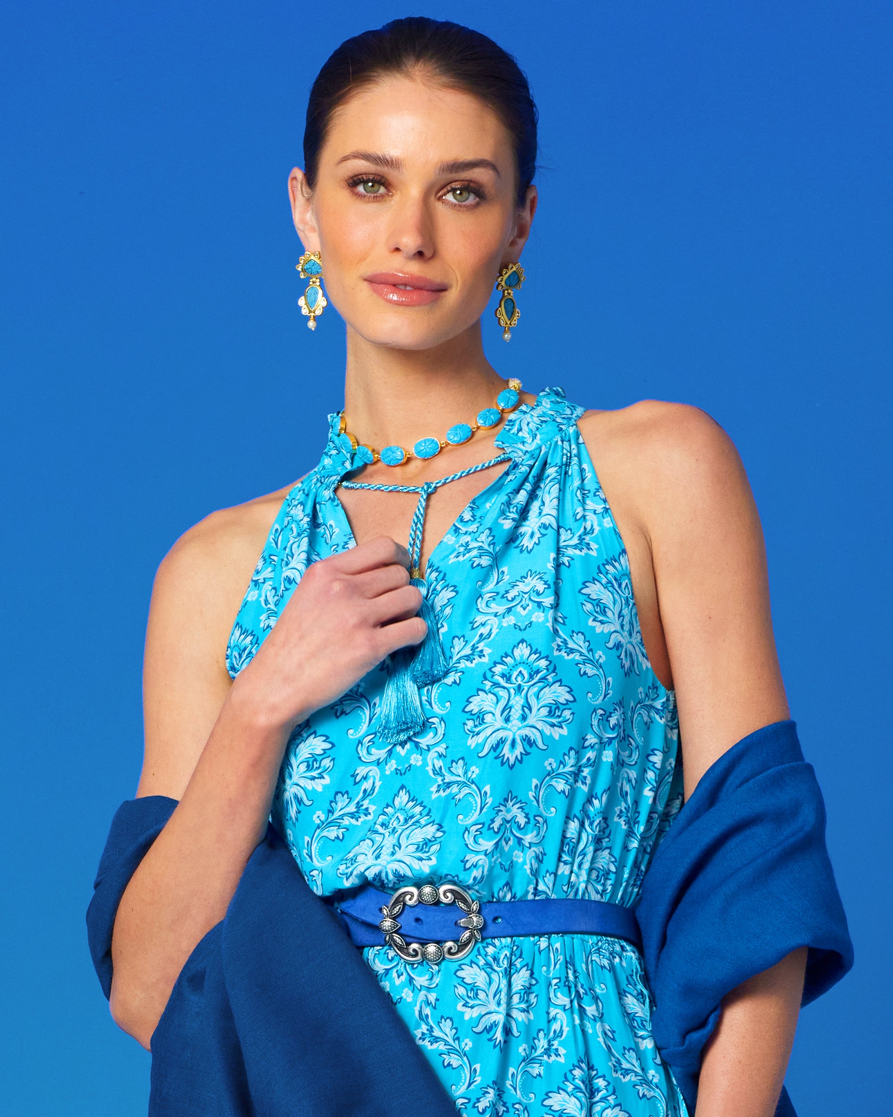 Skye Necklace in Turquoise Colored Stone worn with the Bailey Halterneck Maxi Dress in Turquoise Baroque Florals