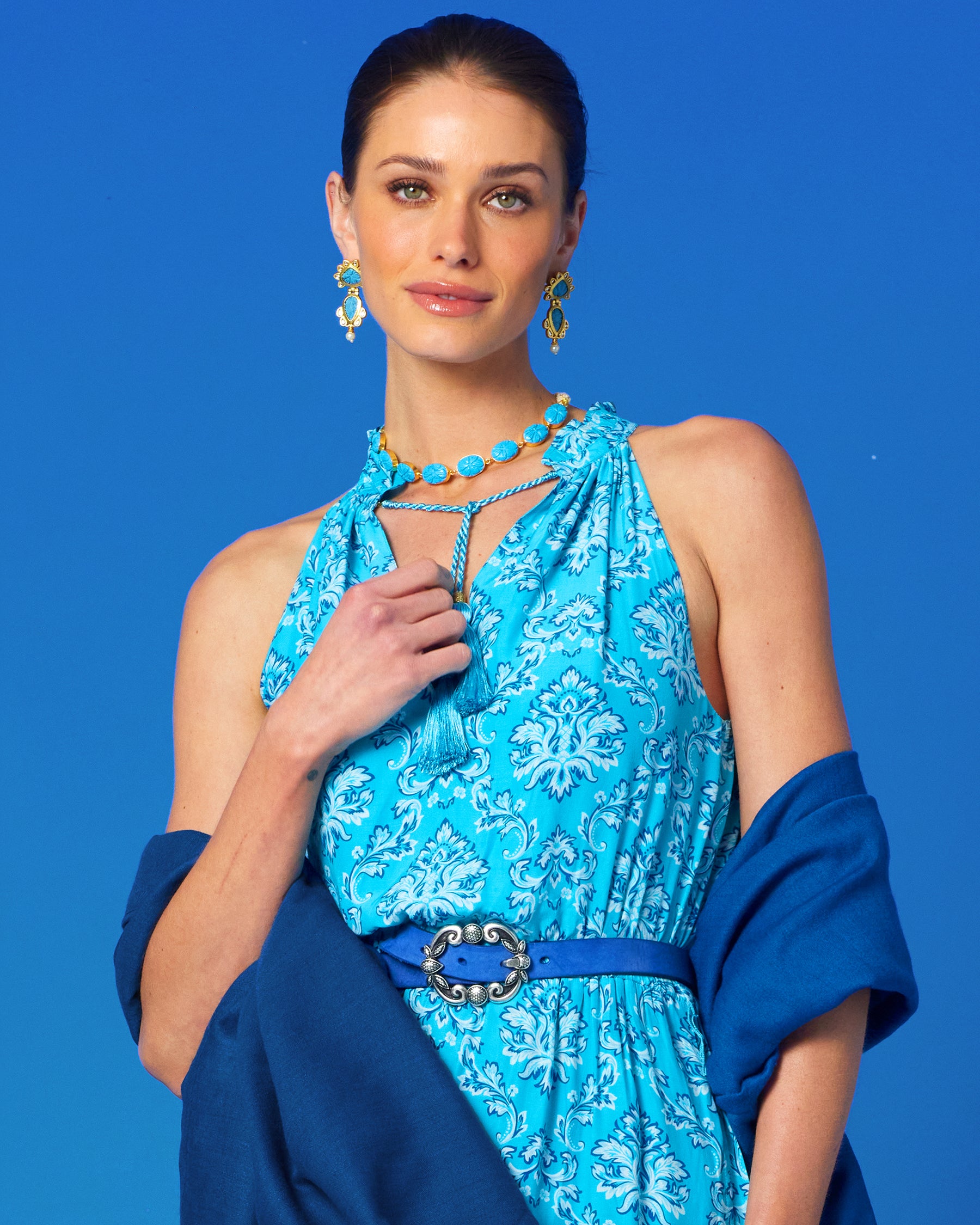 Harper Leather Belt in Indigo Blue wirn with Bailey Halterneck Maxi Dress in Turquoise Baroque Florals