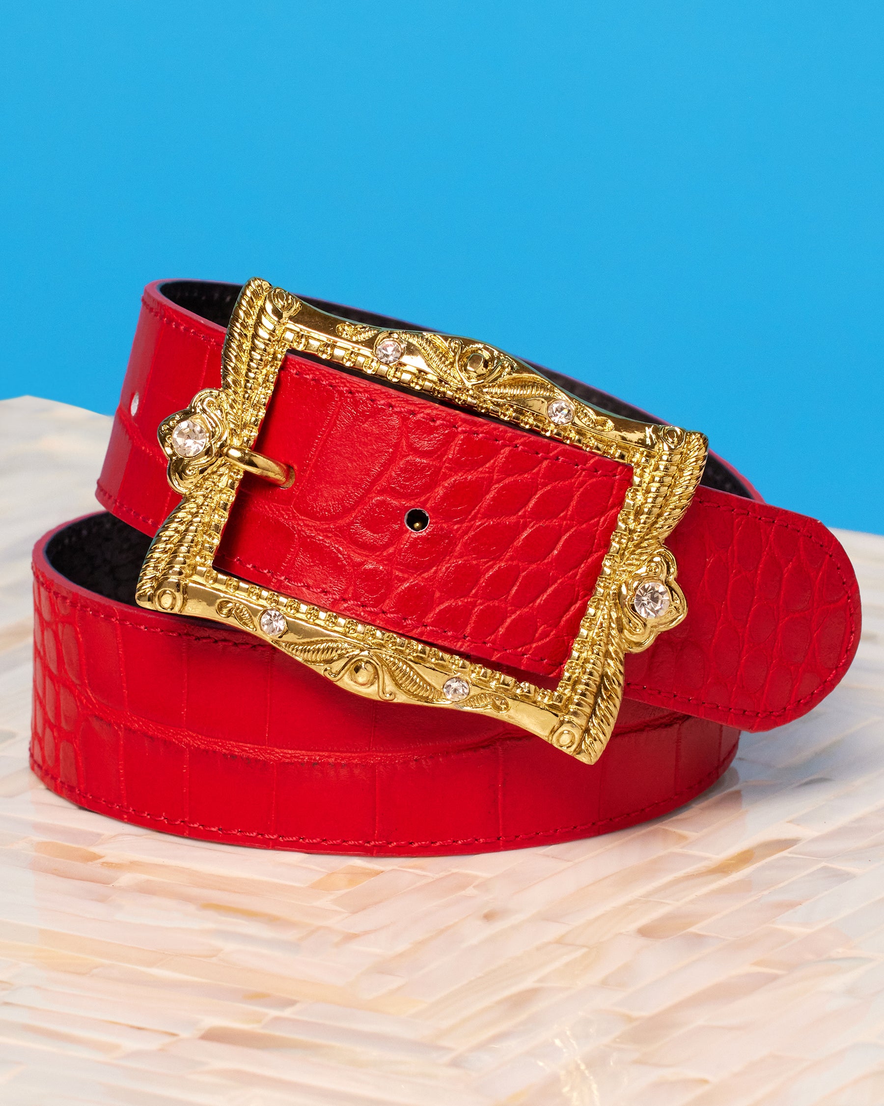 Blair Leather Belt in Croc-Embossed Red-Detail of belt buckle