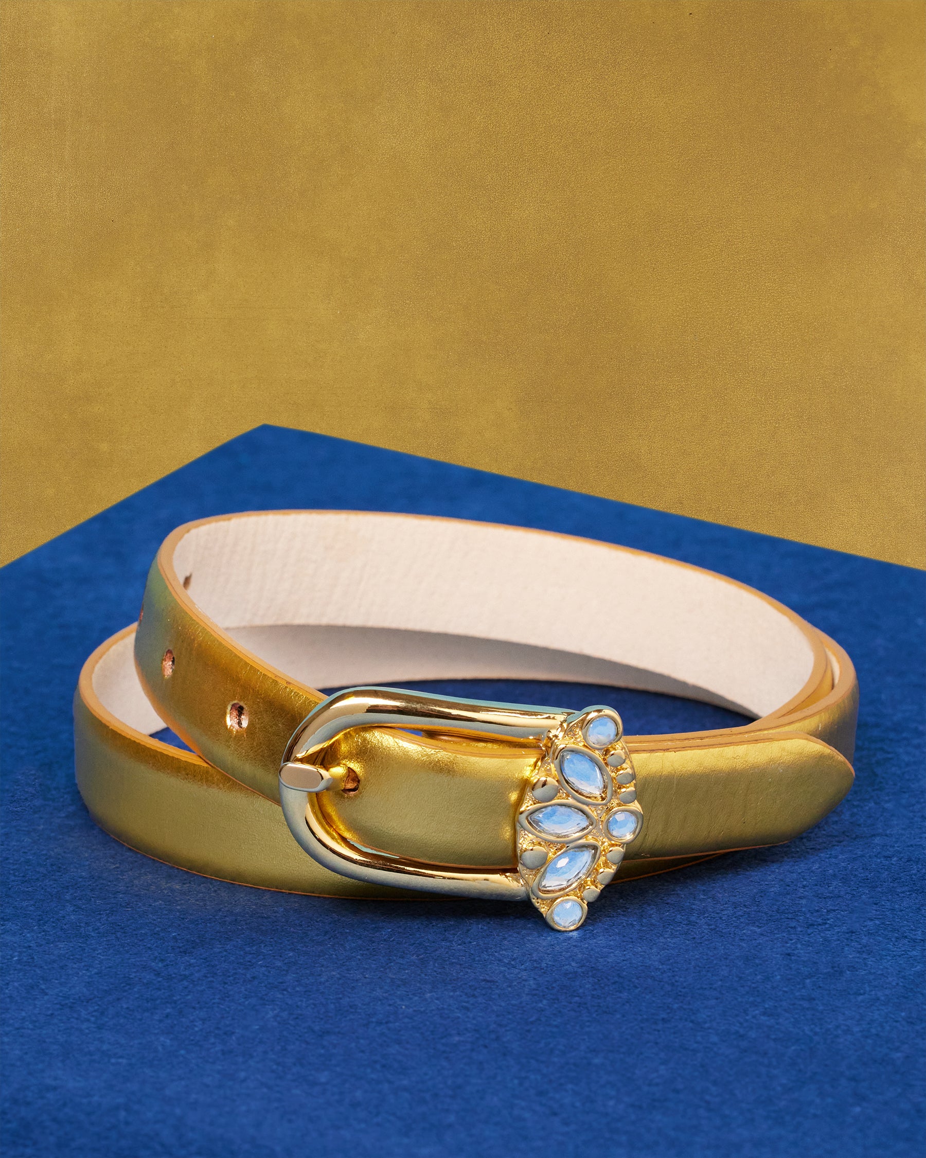 Harlow Leather Belt in Gold and Blue Gem Accents