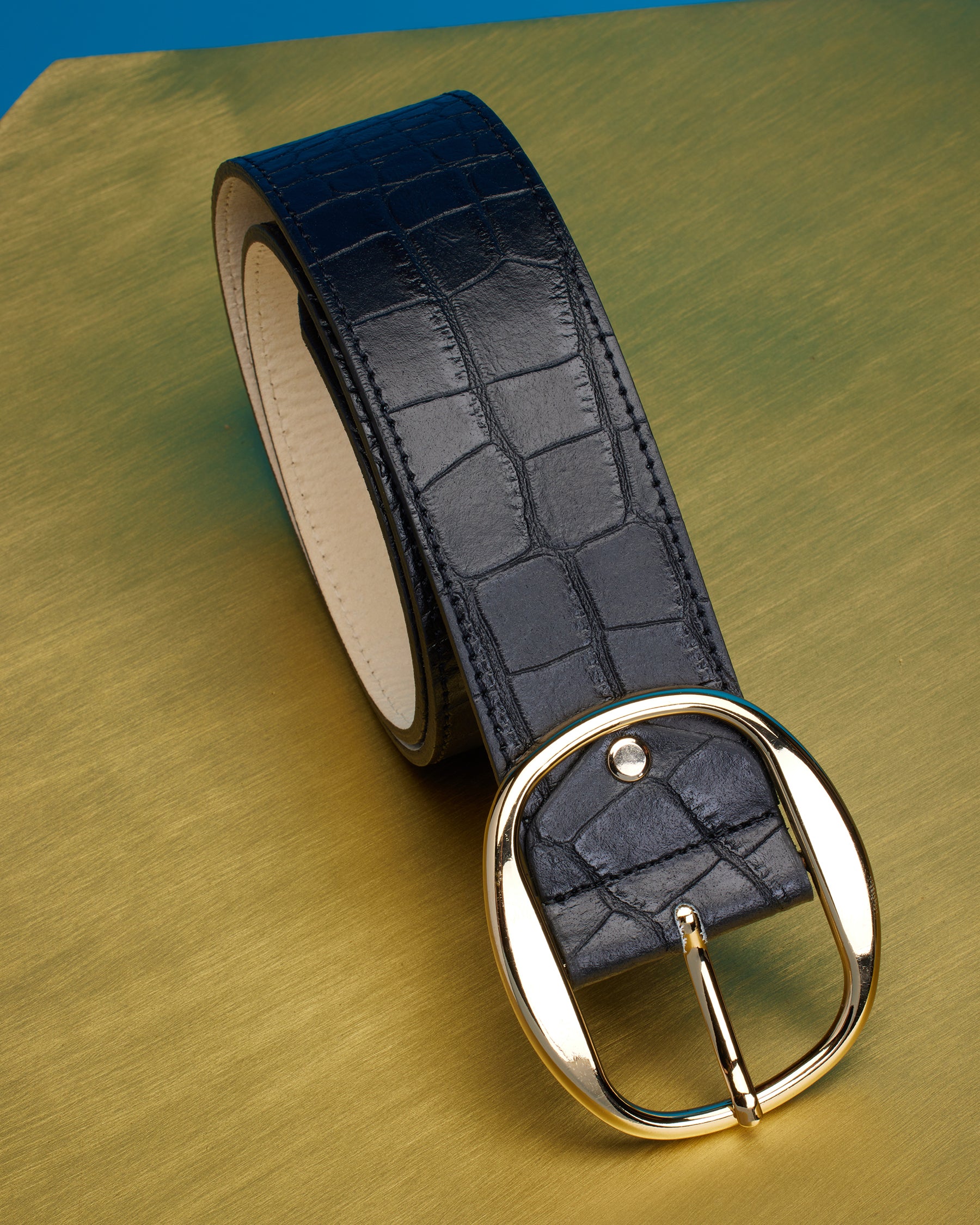 Thornton Wide Leather Belt in Croc-Embossed Rich Black