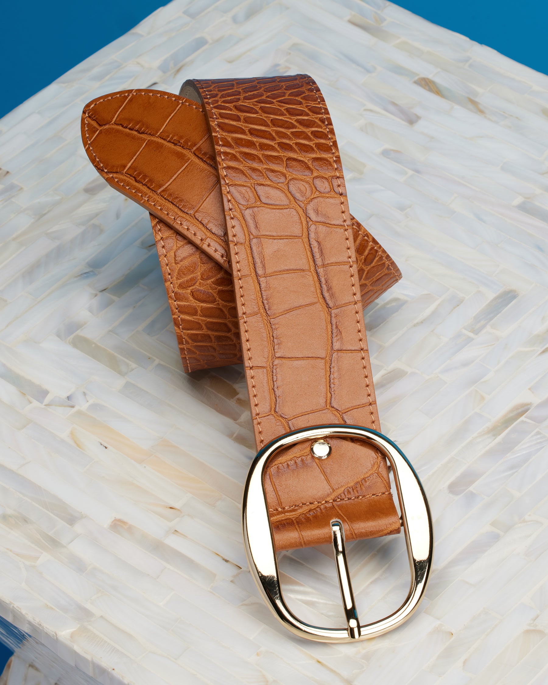 Thornton Wide Leather Belt in Croc-Embossed Honey Tan