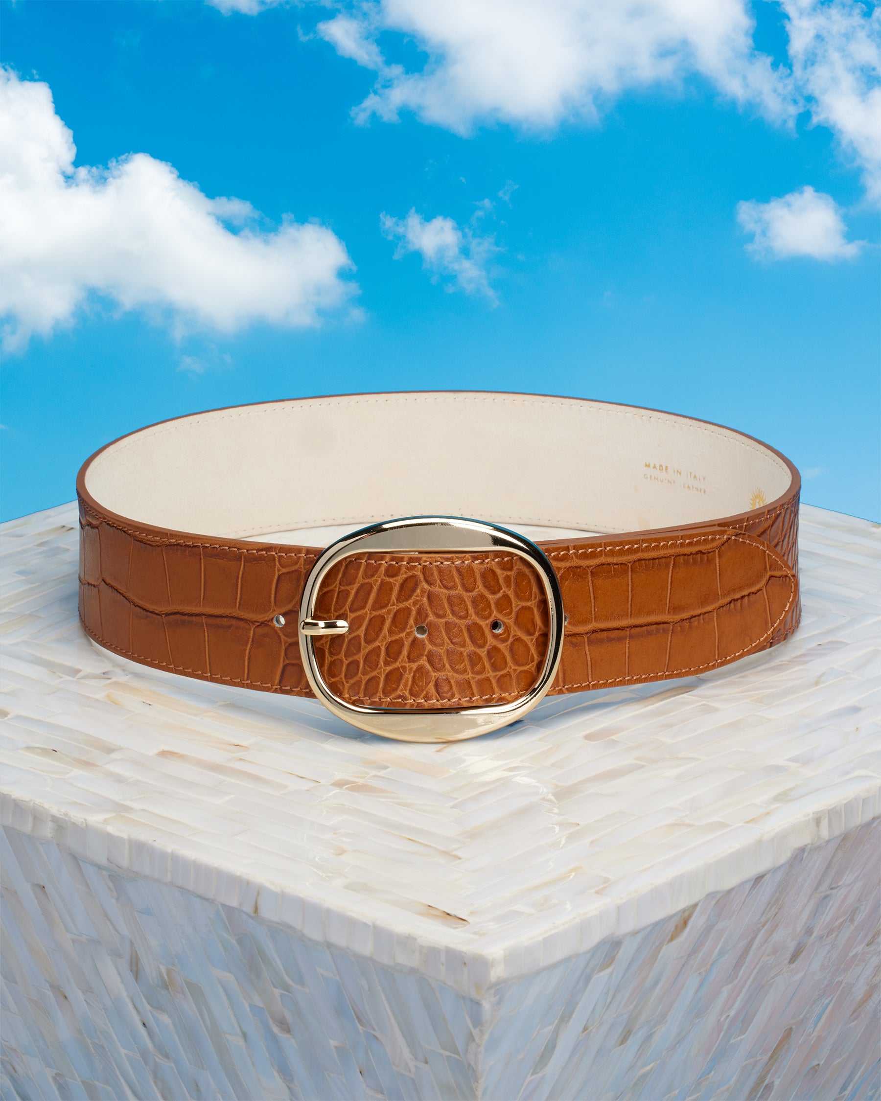 NicoBlu® Thornton Wide Leather Belt in Croc-Embossed Honey Tan