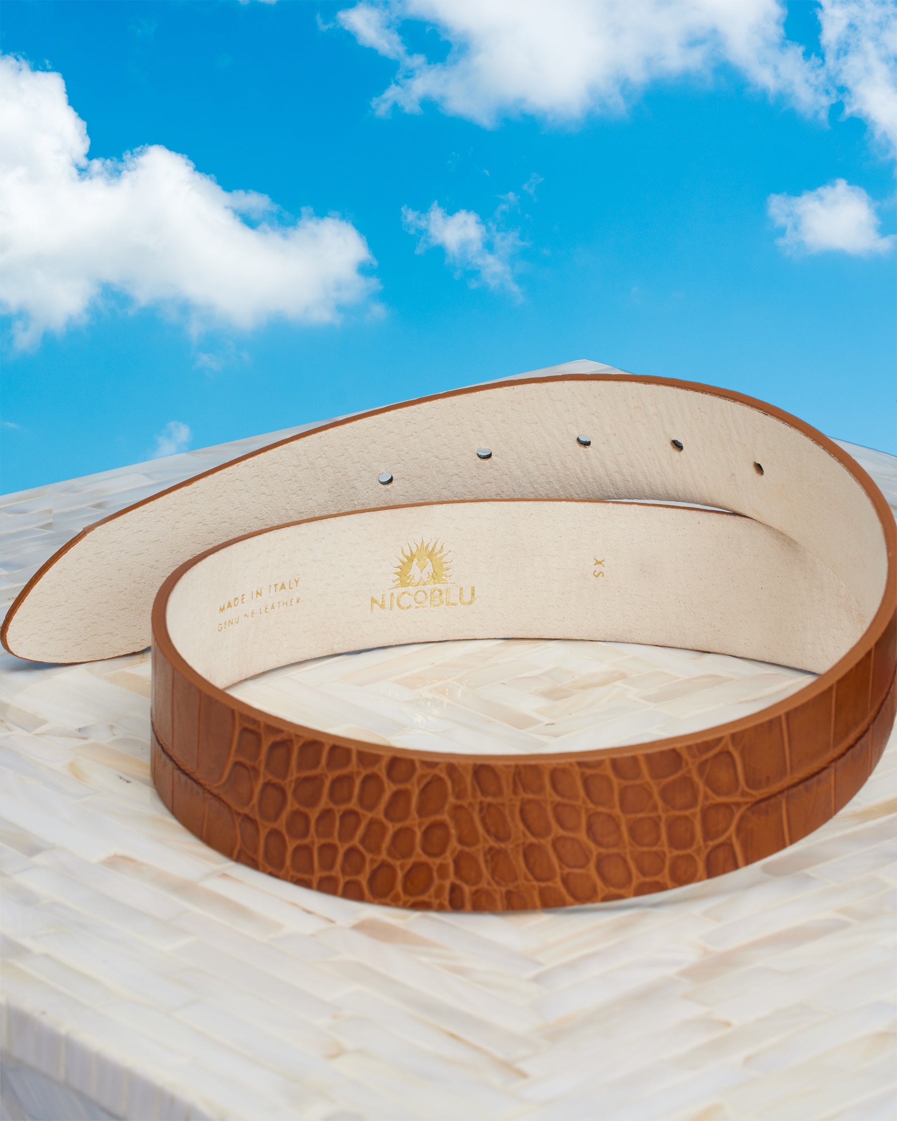 Greer Croc-Embossed Leather Belt in Honey Tan-Interior detail