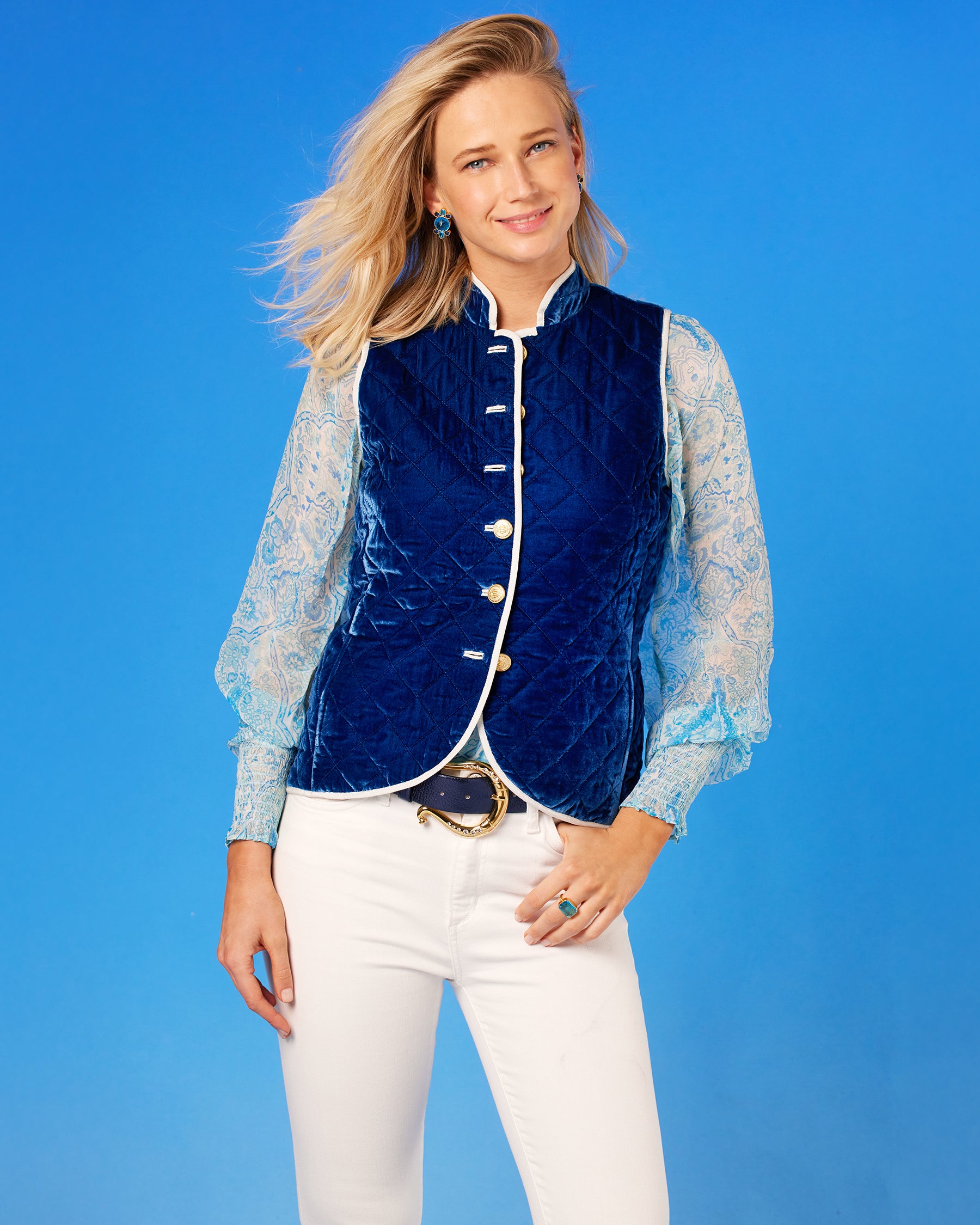 Bentley Quilted Vest in Navy Silk Blend Velvet front view