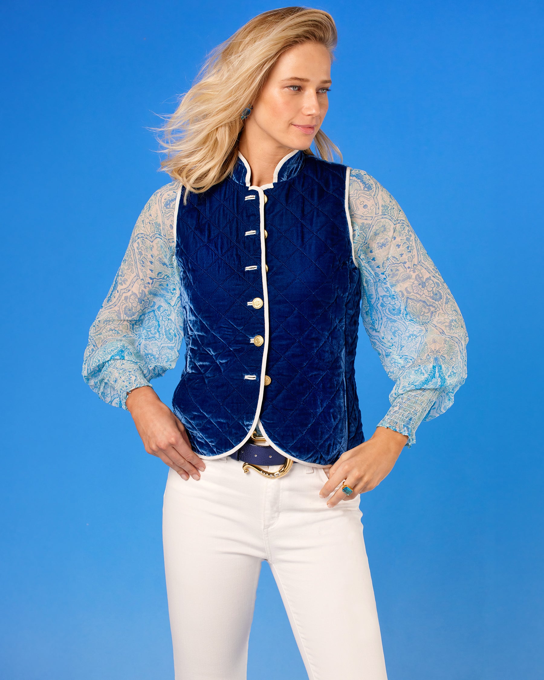 Bentley Quilted Vest in Navy Silk Blend Velvet front view closeup