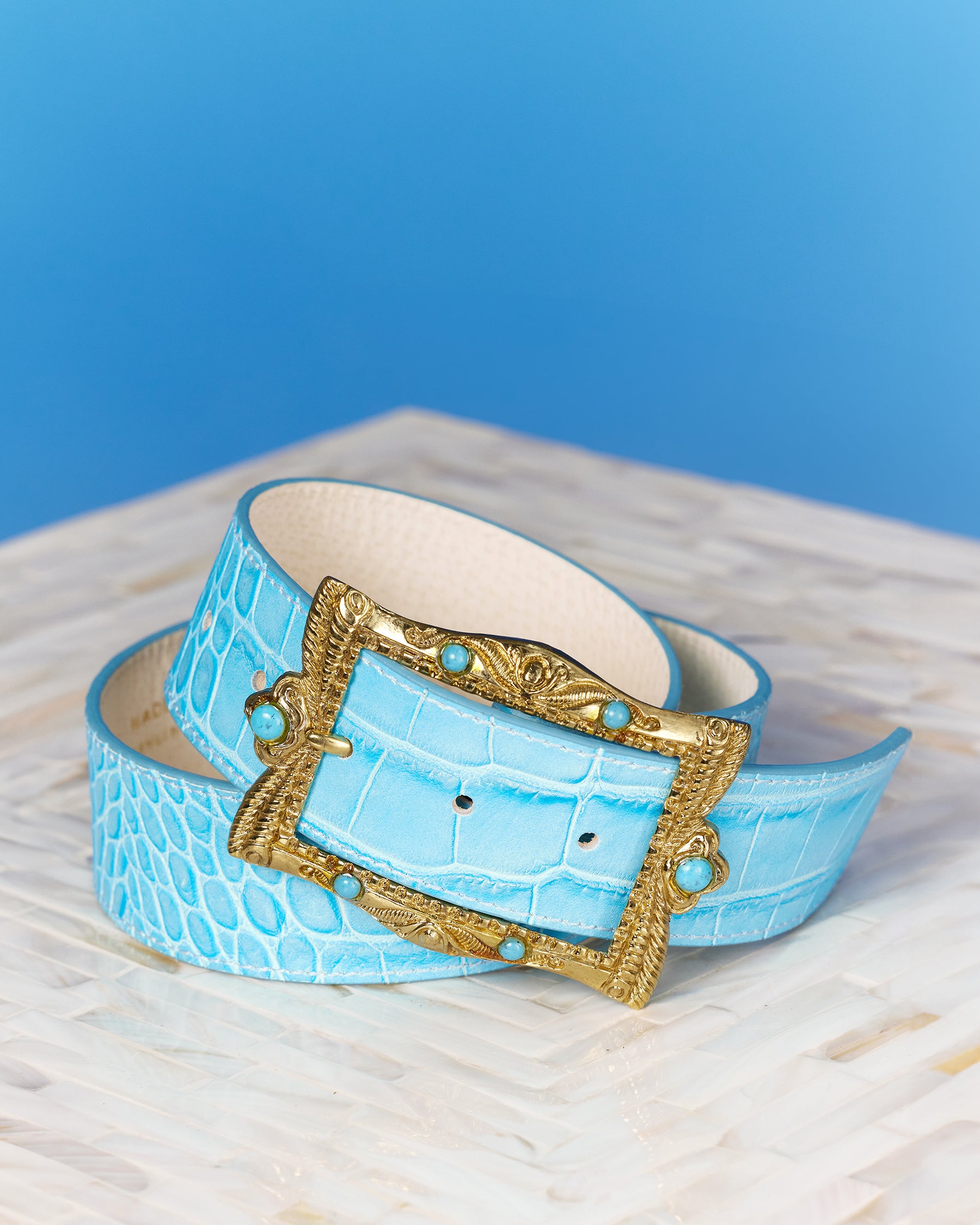 Blair Leather Belt in Croc-Embossed Turquoise-Displayed as a still life
