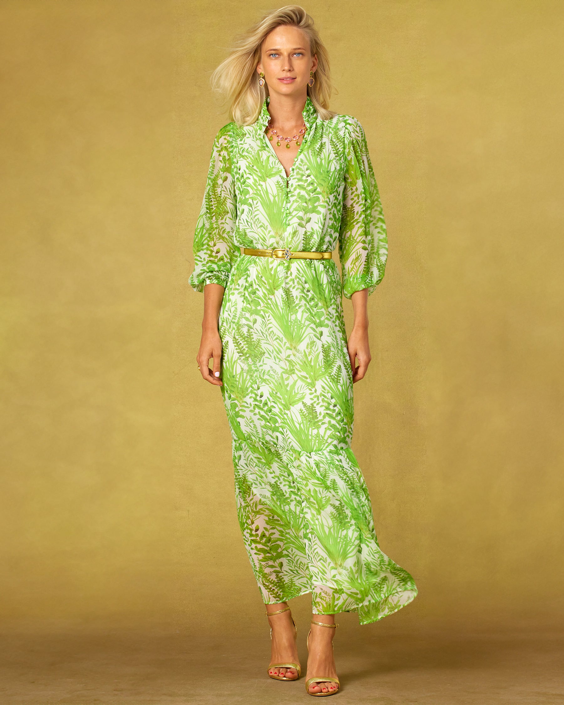 Blythe Maxi Crinkle Chiffon Dress in Delicate Greenery-Front view with gold belt