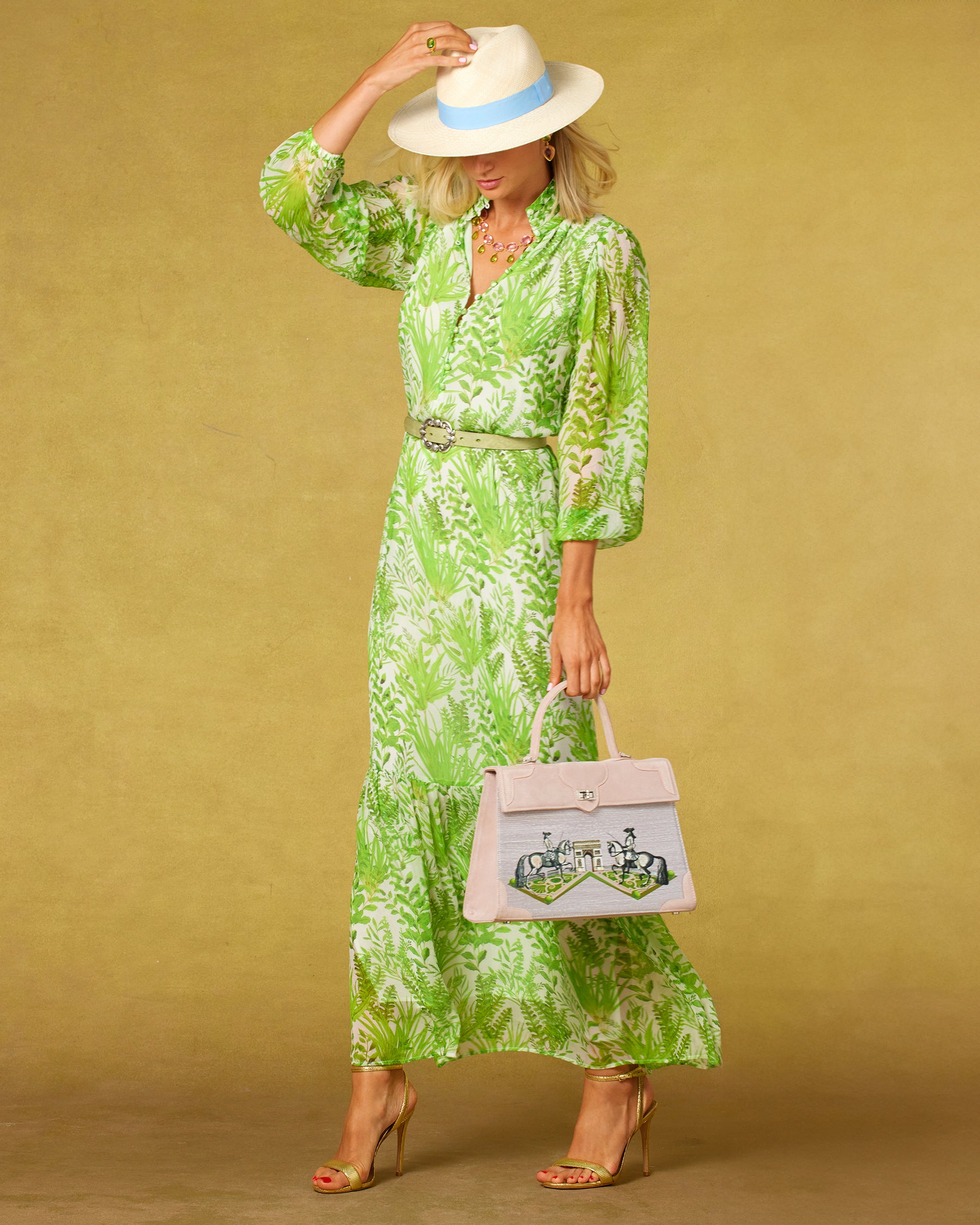 Blythe Maxi Crinkle Chiffon Dress in Delicate Greenery-Front view with hat