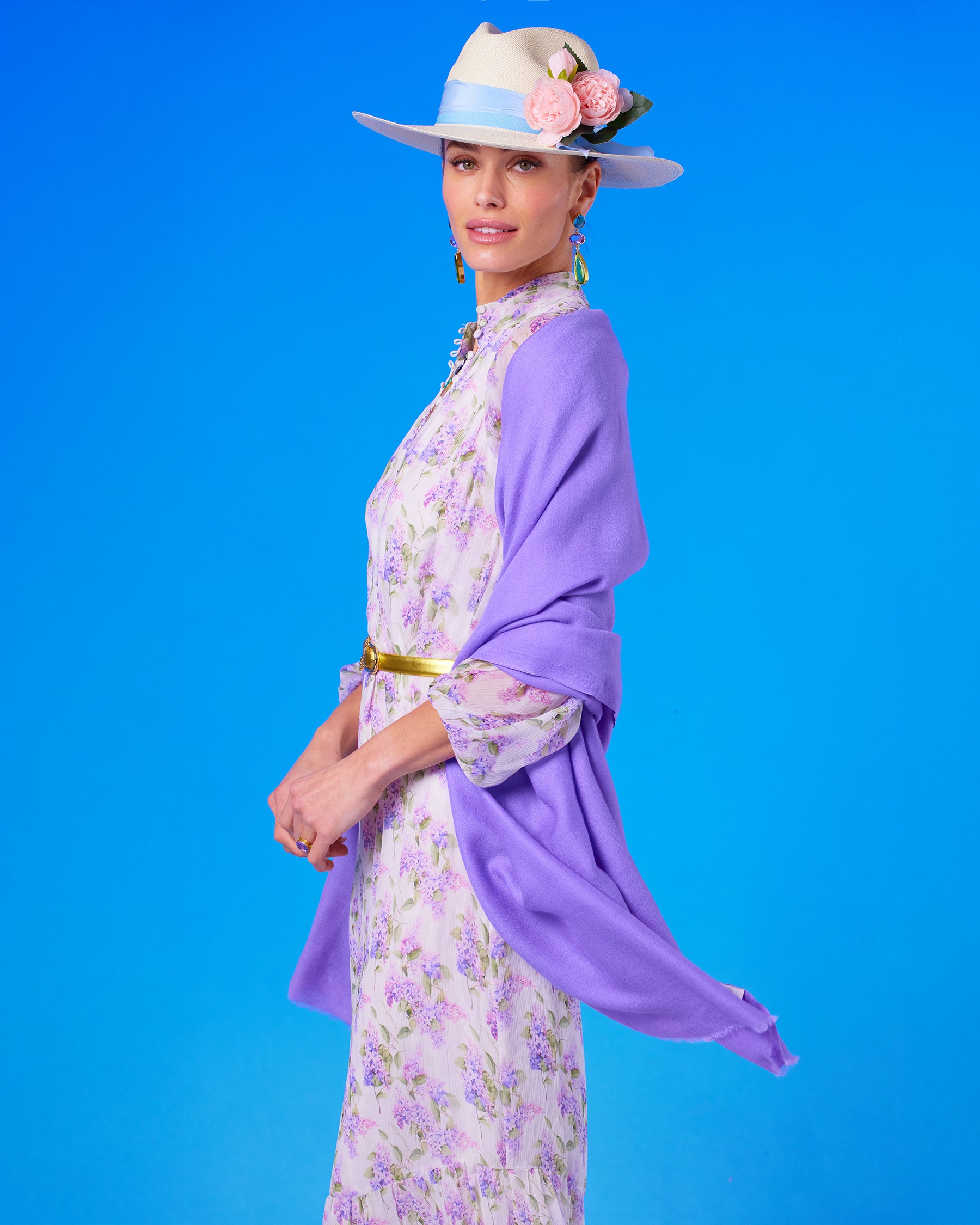 Blythe Maxi Crinkle Chiffon Dress in Lavender Floral closeup with the Josephine Pashmina Shawl