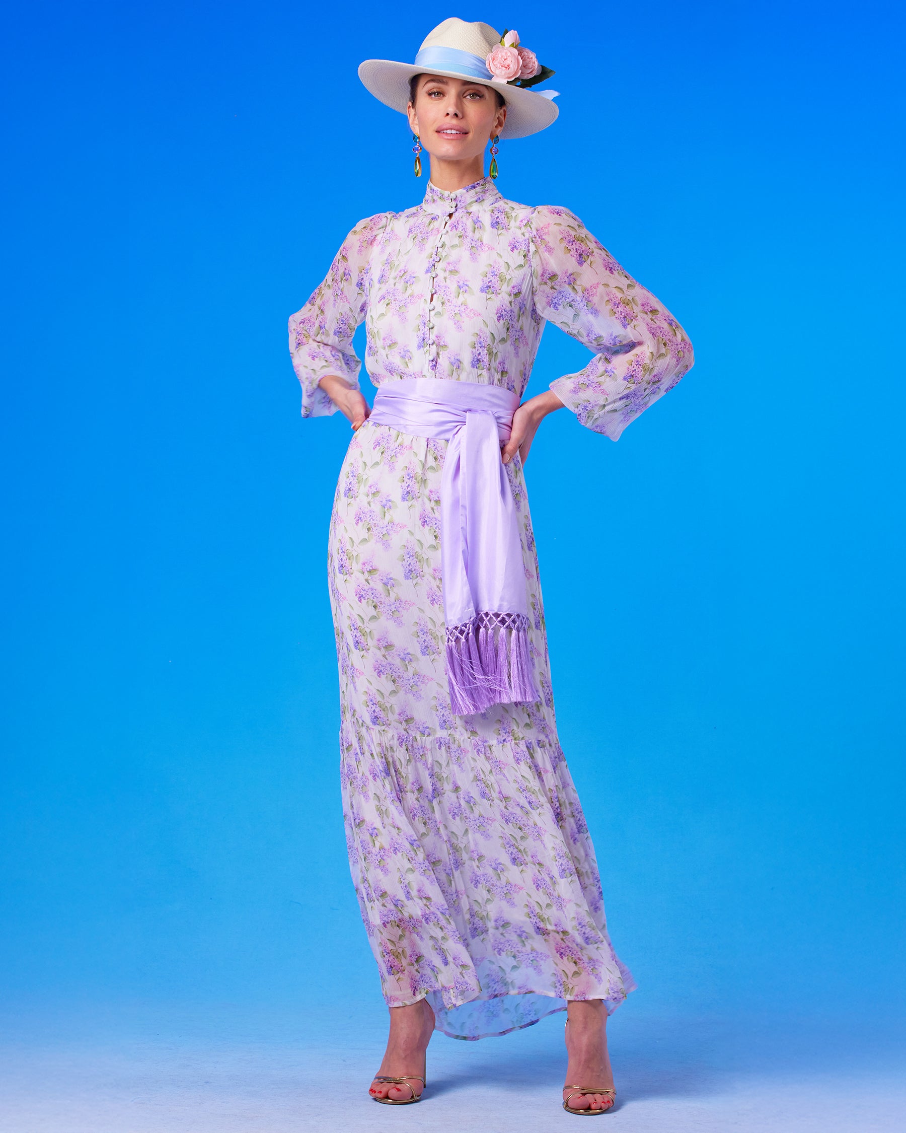 Blythe Maxi Crinkle Chiffon Dress in Lavender Floral front view with the Cosima Sash Belt