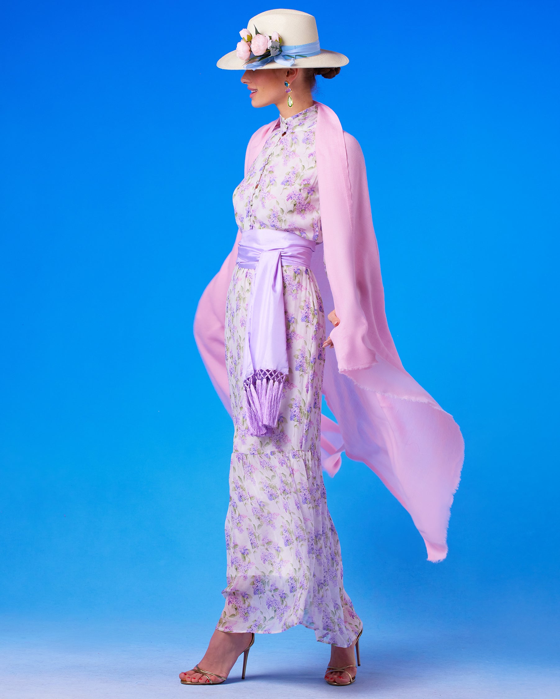 Blythe Maxi Crinkle Chiffon Dress in Lavender Floral with the Josephine Shawl