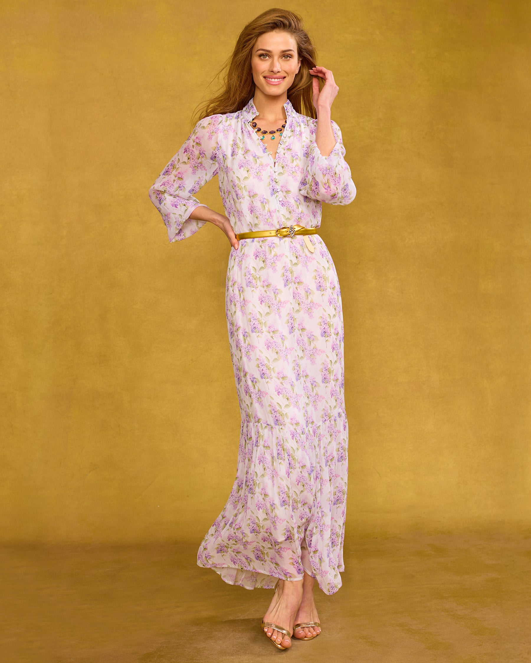 Blythe Maxi Crinkle Chiffon Dress in Lavender Floral worn with the Harlow Gold Leather Belt in Blue Gem Accents