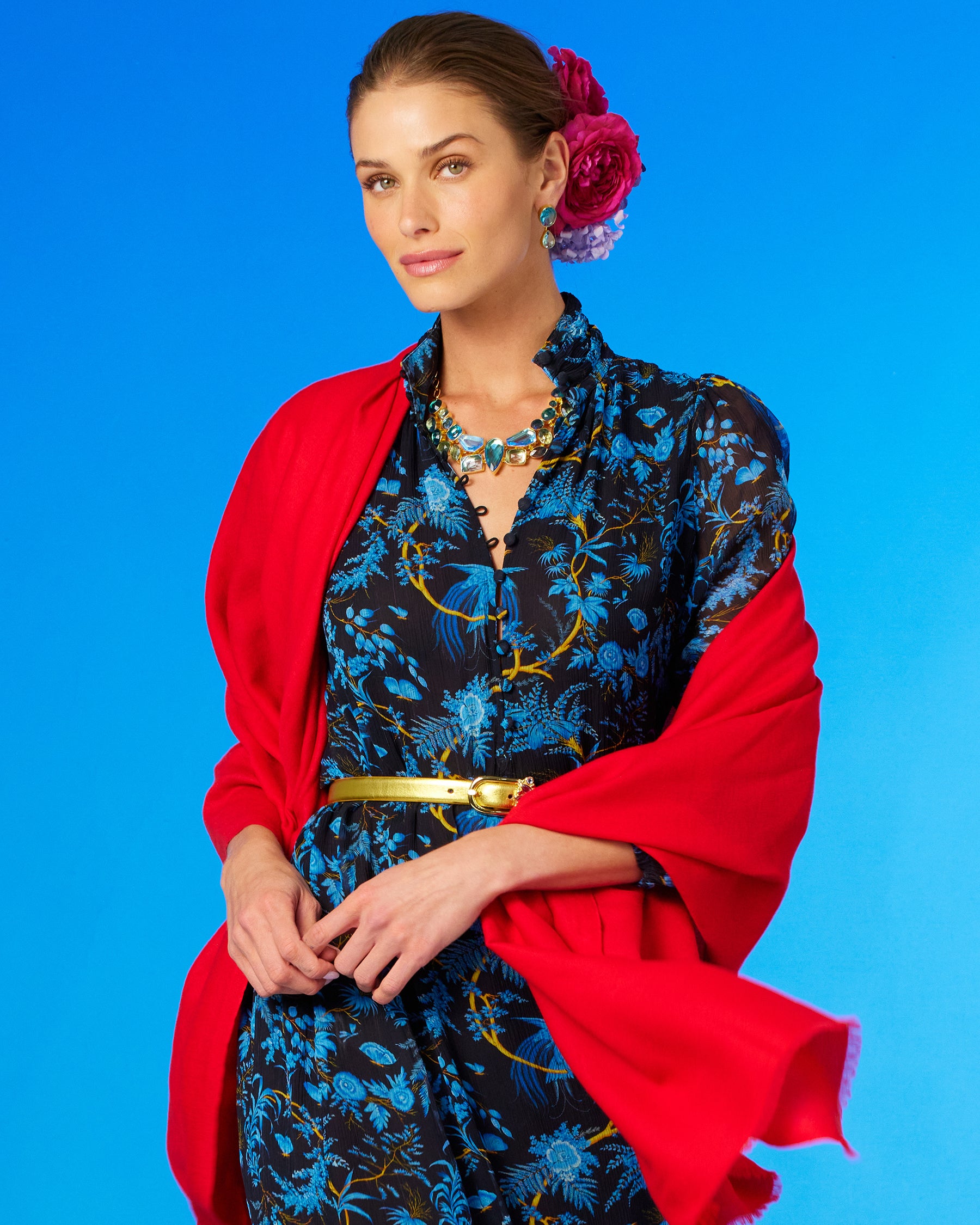 Blythe Maxi Crinkle Chiffon Dress in Midnight Garden and the Pshmina Red Shawl draped over the shoulders-Portrait view