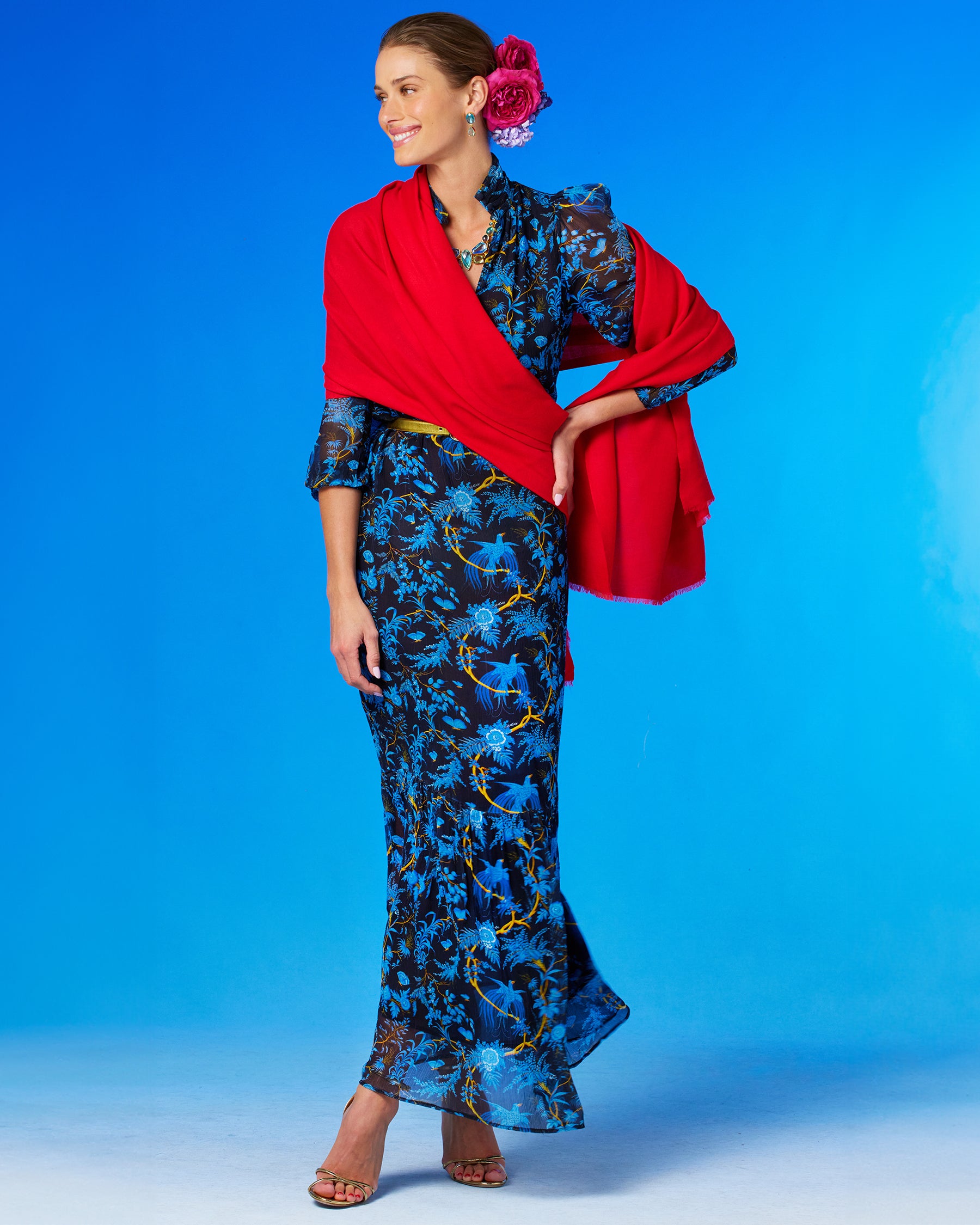 Blythe Maxi Crinkle Chiffon Dress in Midnight Garden with the Pashmina Red Shawl draped over the shoulders