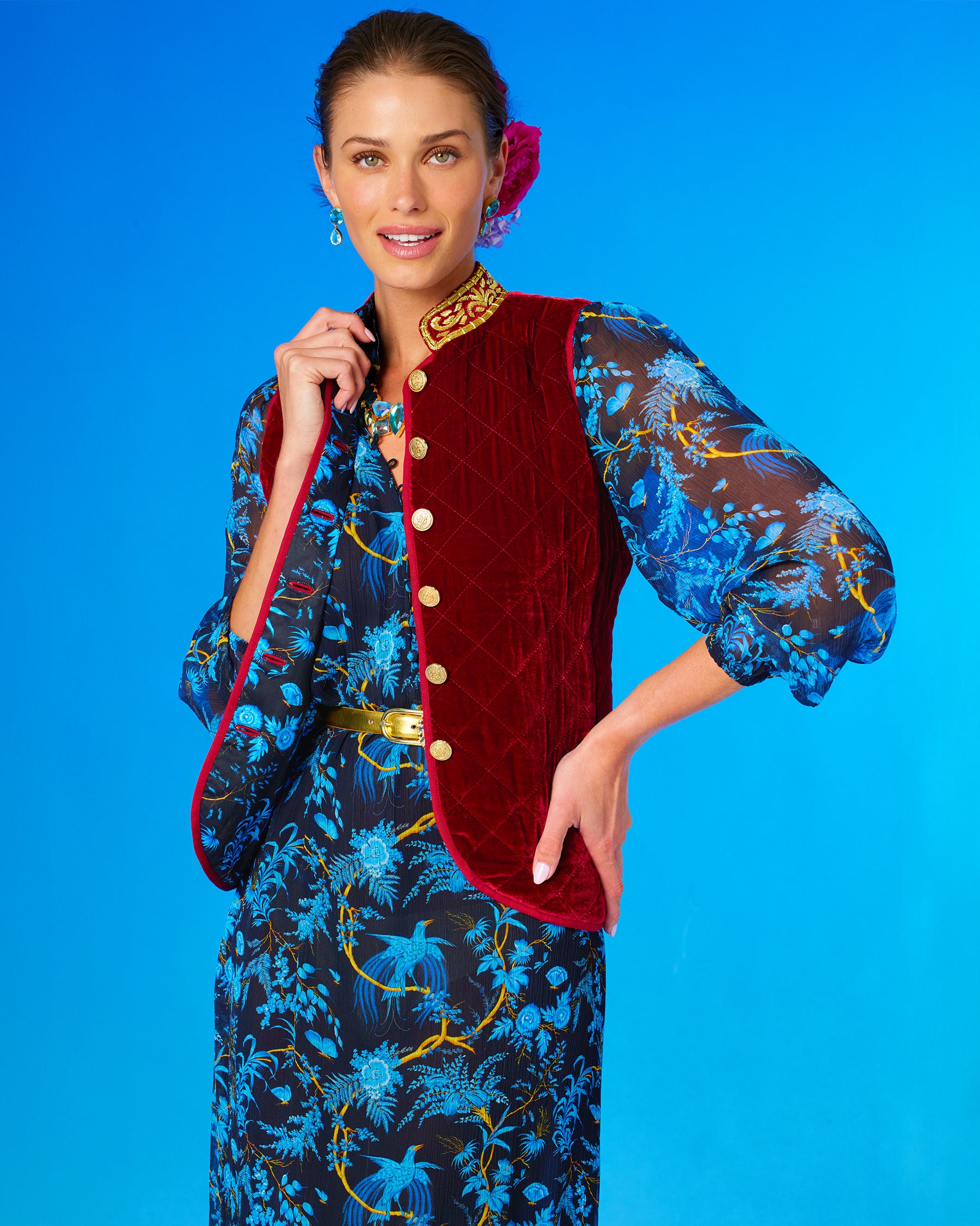 Bentley Quilted Vest in Crimson Red Silk Blend Velvet and Gold Embellishment-Worn with the Blythe Chiffon Dress in Midnight Garden