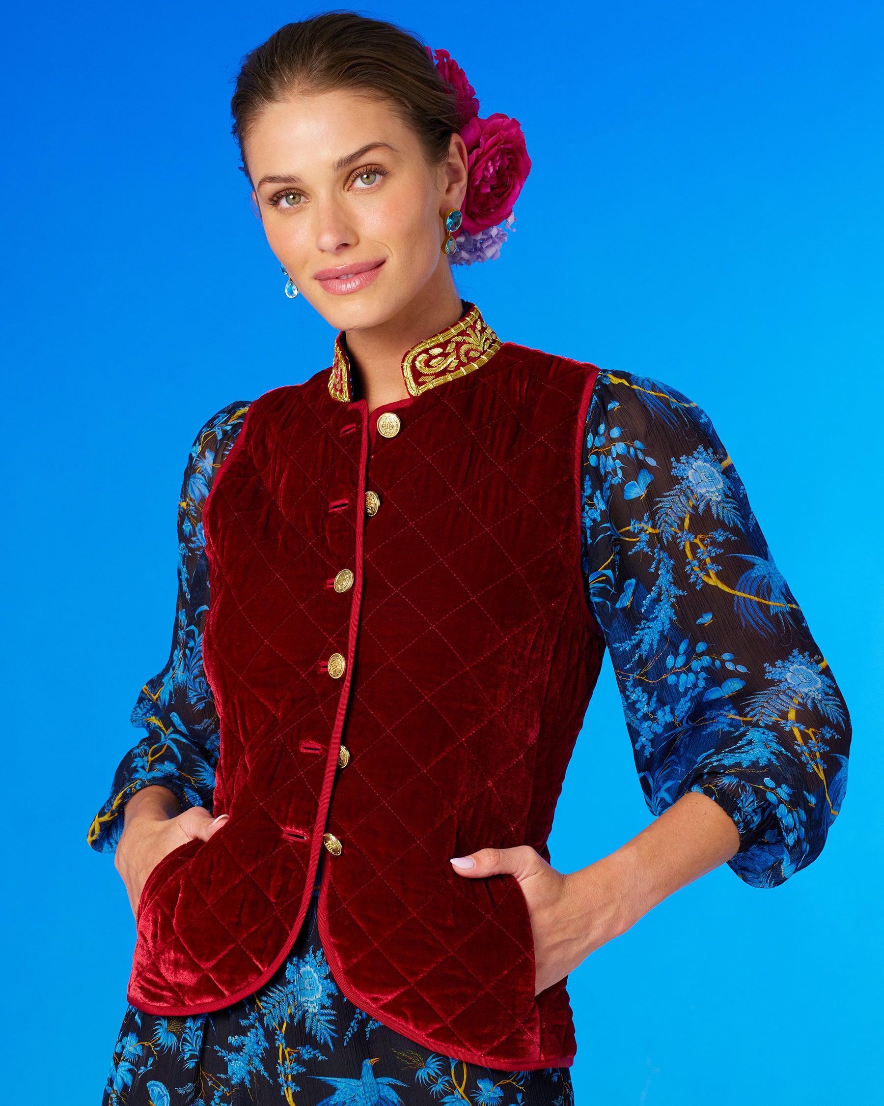 Bentley Quilted Vest in Crimson Red Silk Blend Velvet and Gold Embellishment-Worn with the Blythe Chiffon Dress in Midnight Garden