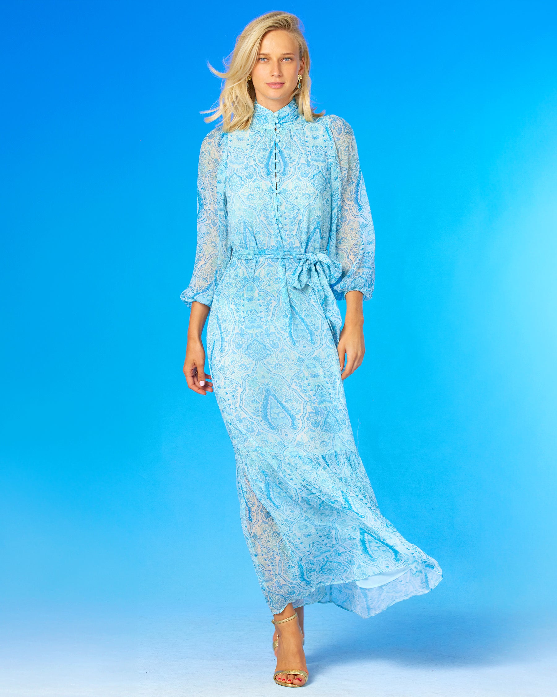 Blythe Maxi Crinkle Chiffon Dress in Turquoise Paisley-front view walking