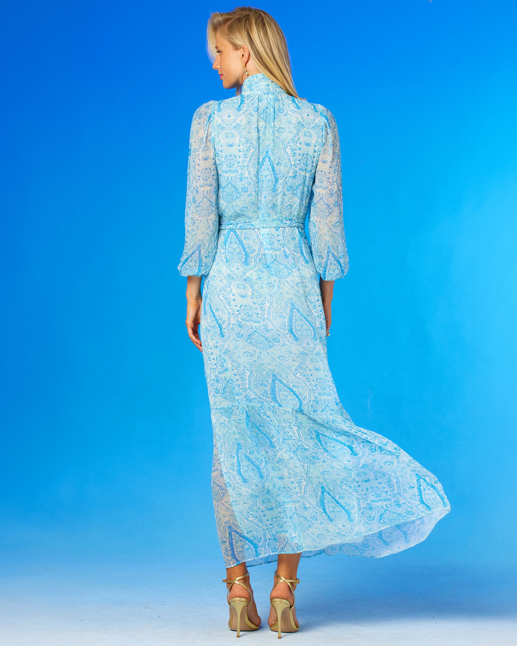 Blythe Maxi Crinkle Chiffon Dress in Turquoise Paisley0Back view