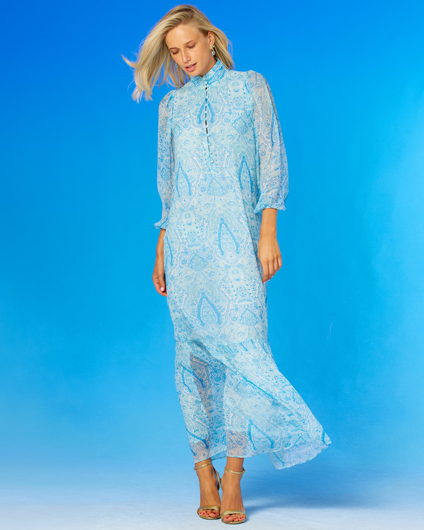 Blythe Maxi Crinkle Chiffon Dress in Turquoise Paisley worn without any belt