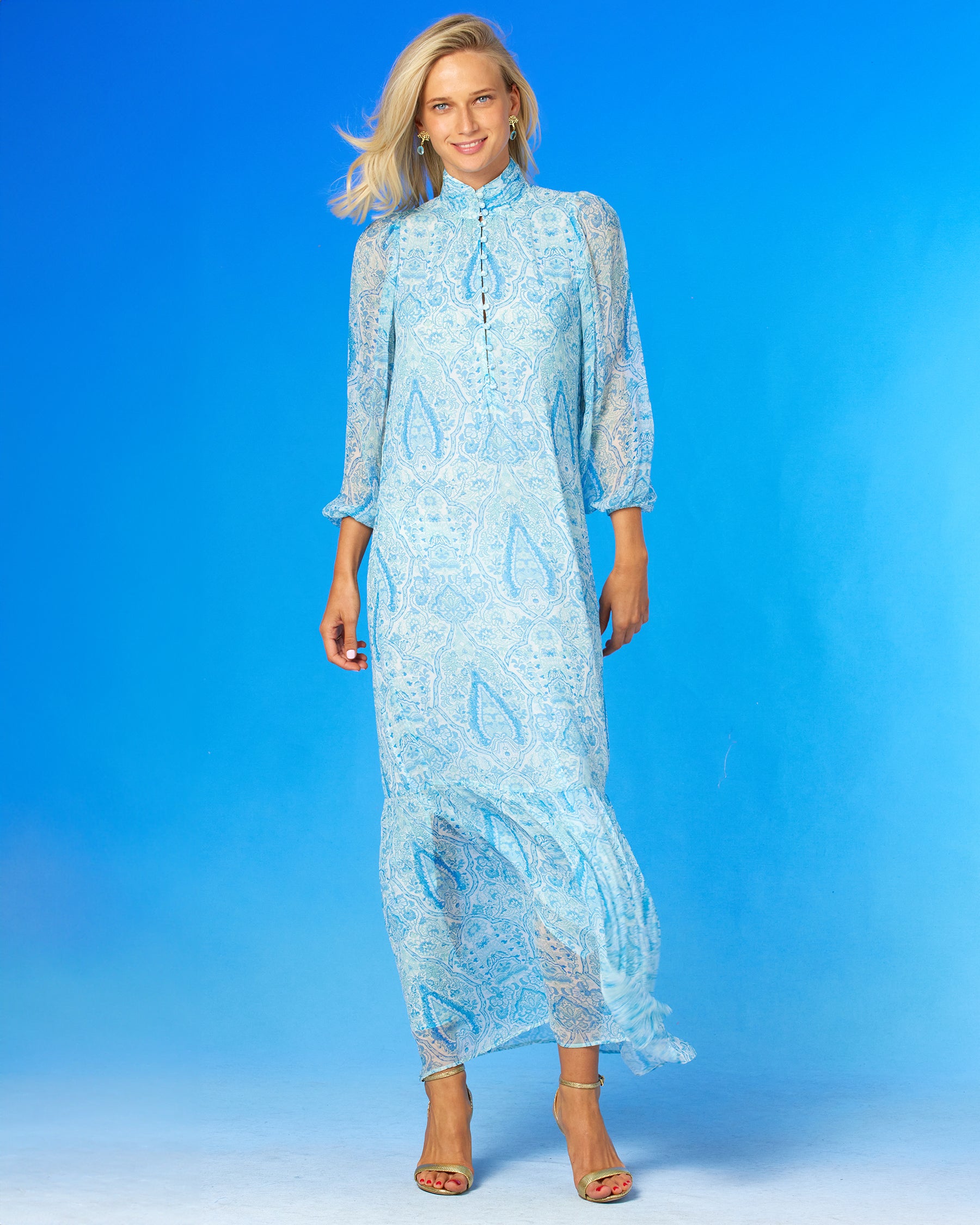 Blythe Maxi Crinkle Chiffon Dress in Turquoise Paisley worn without a belt