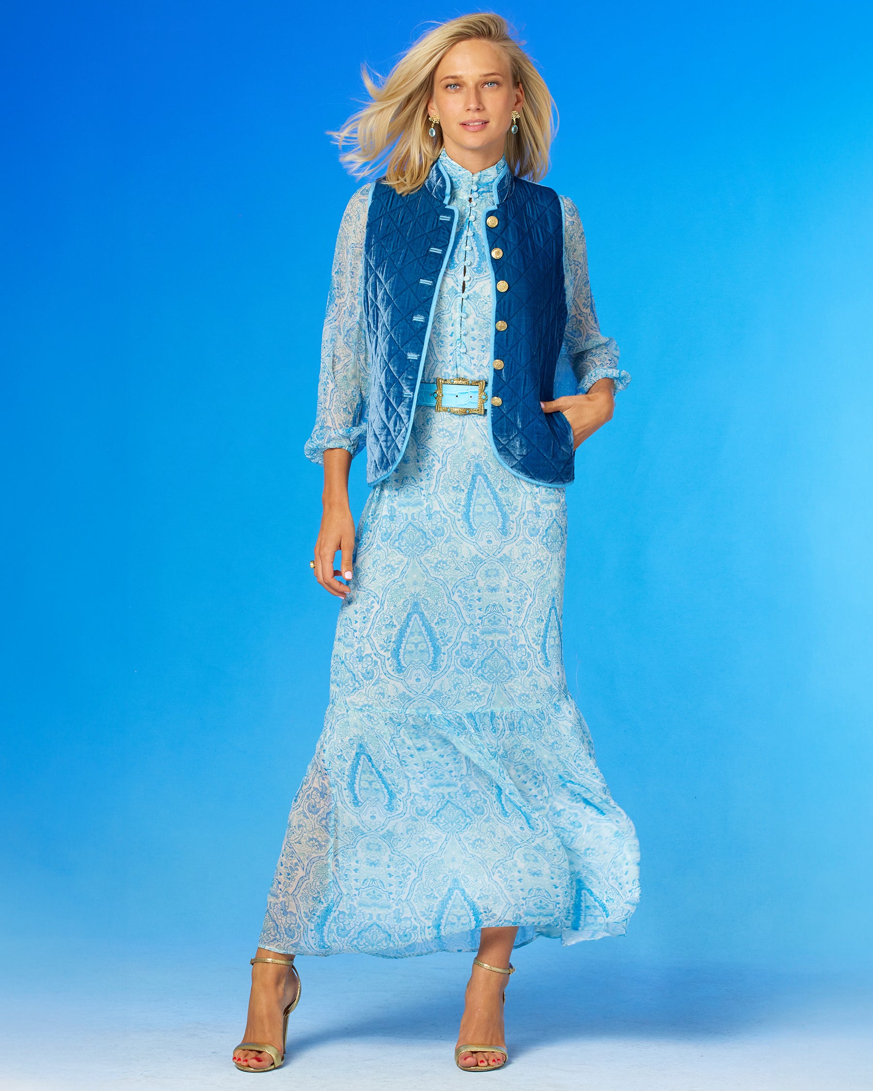 Blythe Maxi Crinkle Chiffon Dress in Turquoise Paisley-Front view with quilted velvet vest