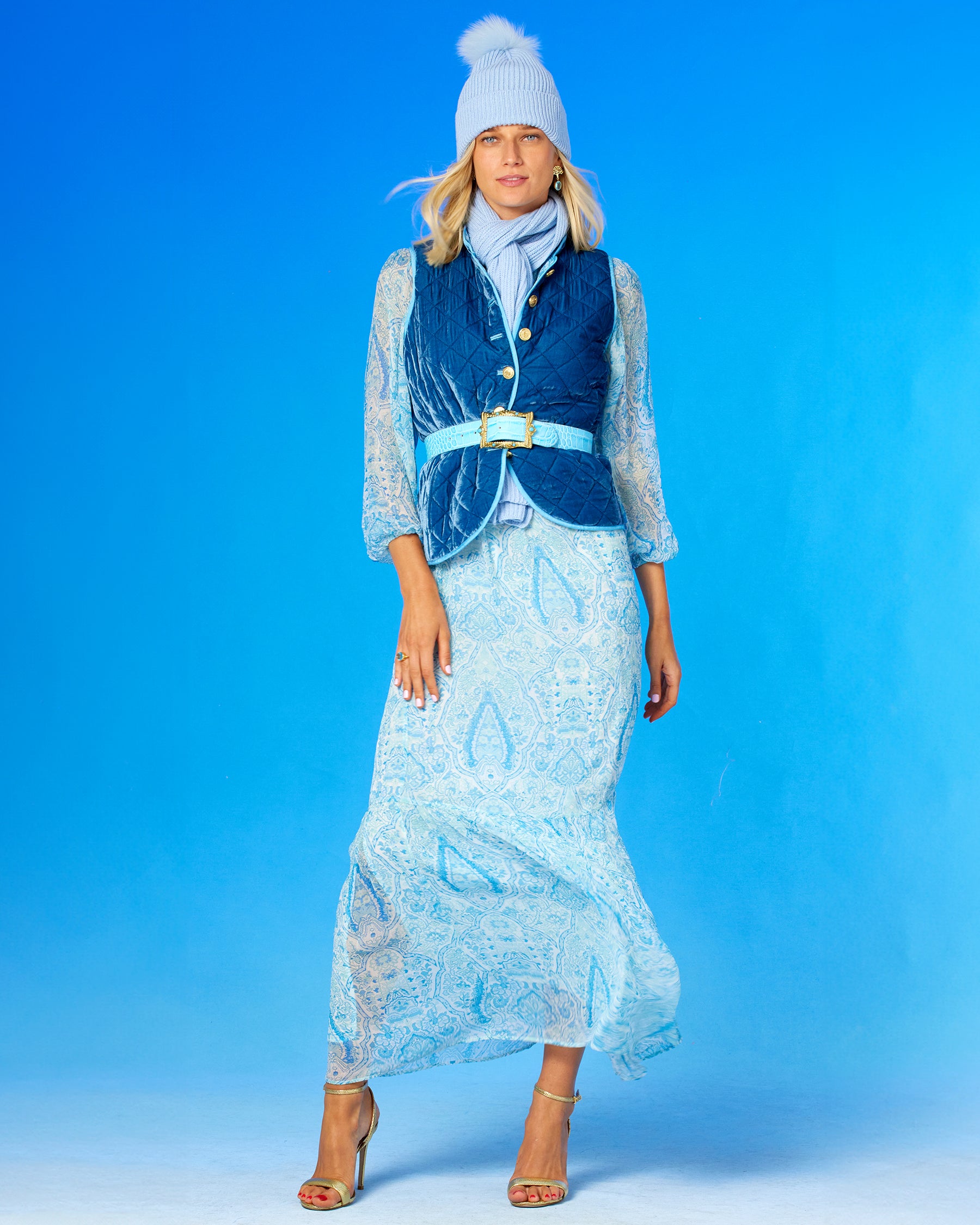 Blythe Maxi Crinkle Chiffon Dress in Turquoise Paisley worn with a cashmere blend hat and scarf