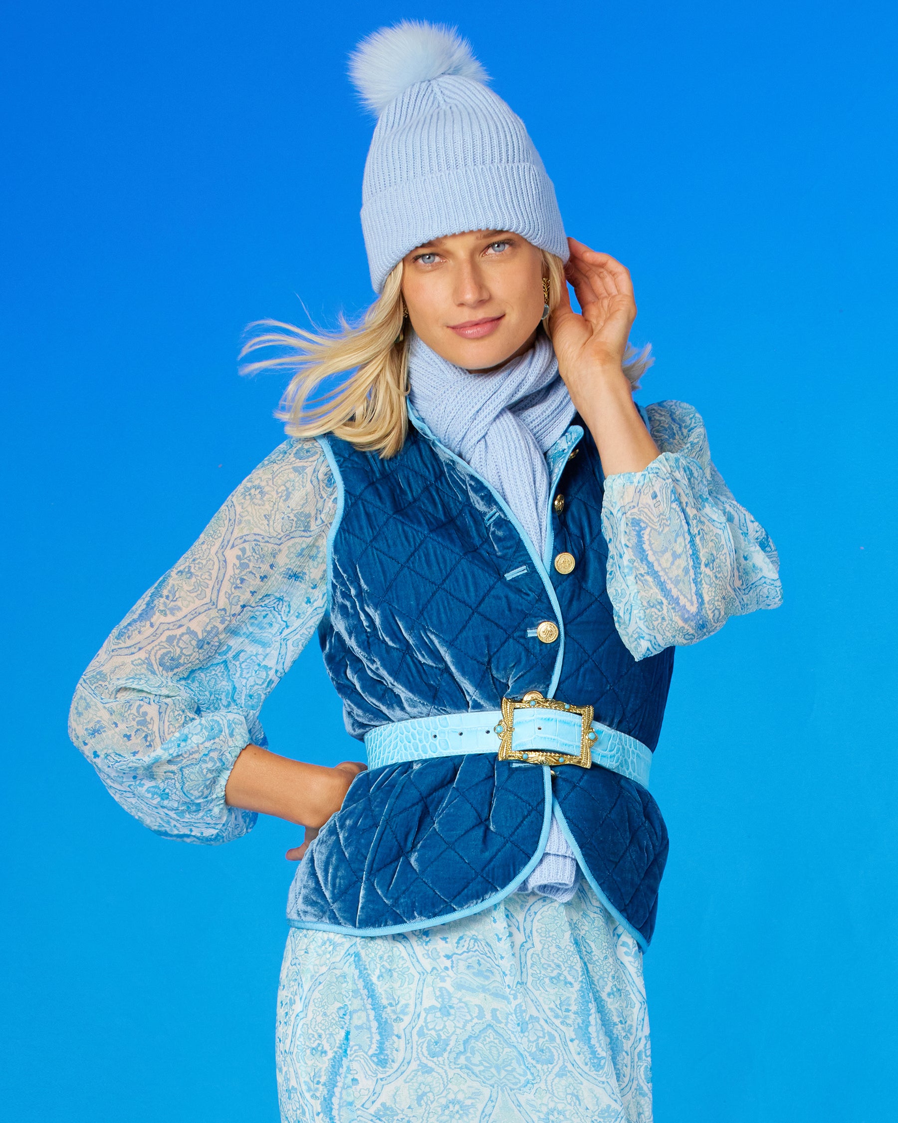 Ella Cashmere Blend Scarf in Powder Blue-Worn with the matching scarf and Bentley Silk Quilted Vest in Royal French Blue