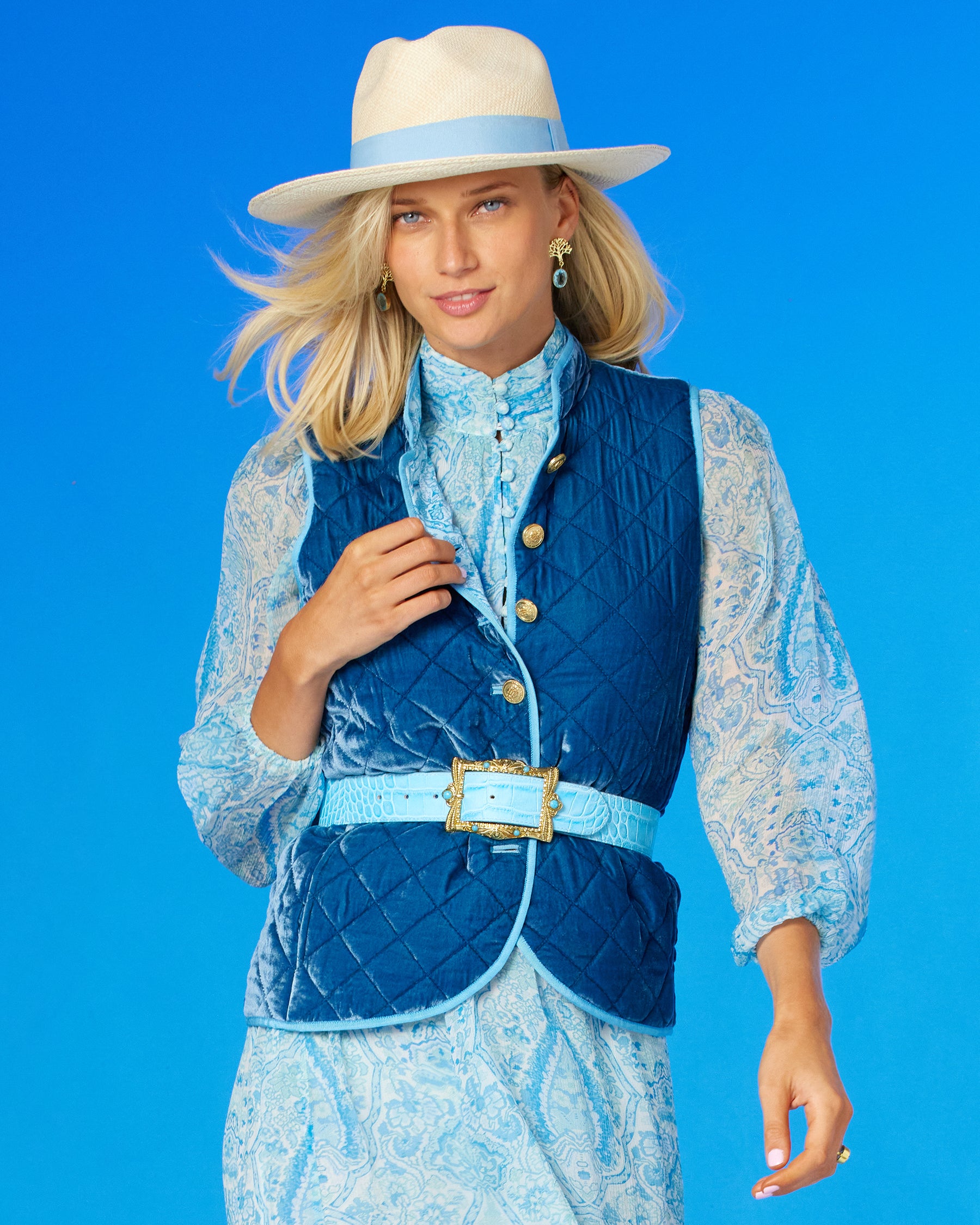 Bentley Quilted Vest in French Blue Silk Blend Velvet worn with the Blythe Dress, Pippa Straw Hat and Blair Turquoise Belt