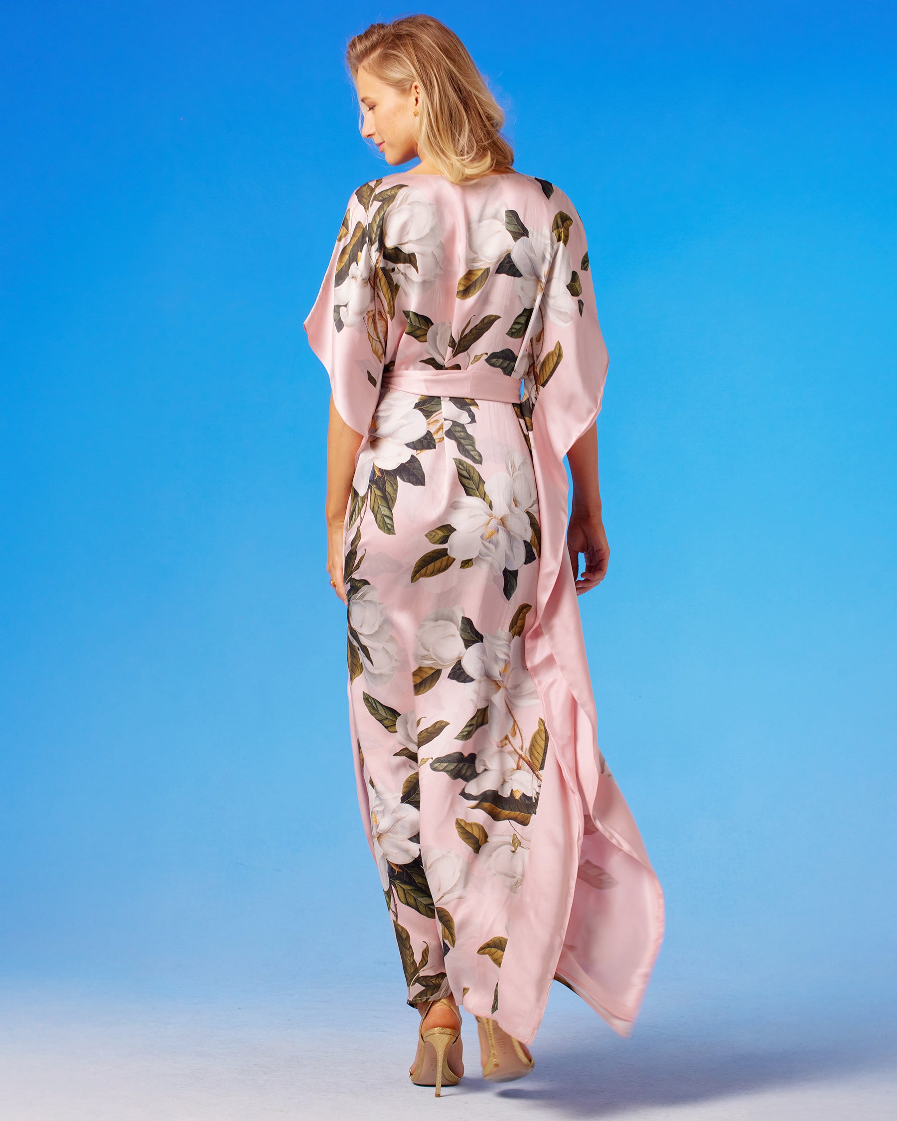 Camellia Belted Silk Kaftan/Dress in Blush Pink back view