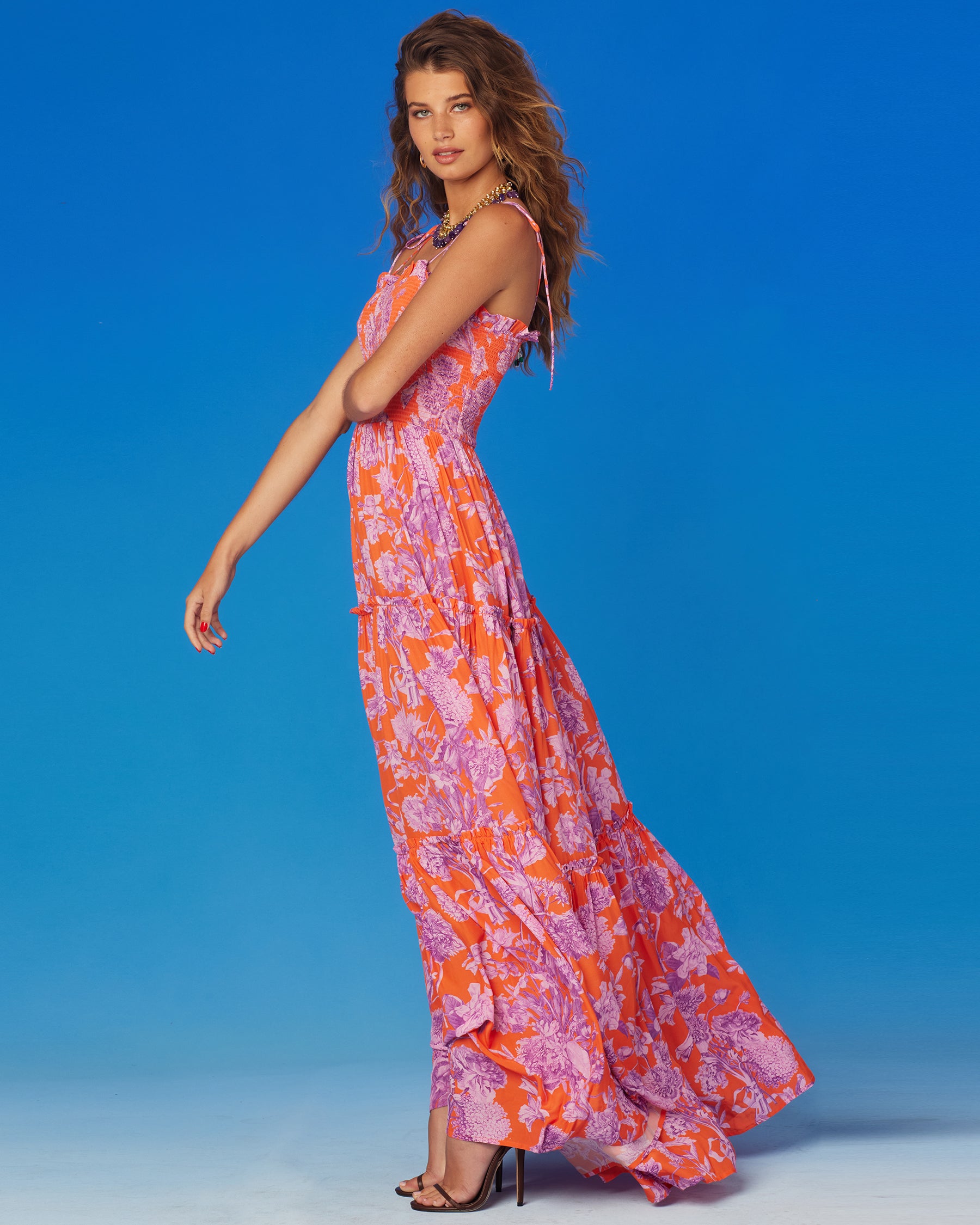 Camille Shirred Maxi Dress in Orange and Purple Floral Toile