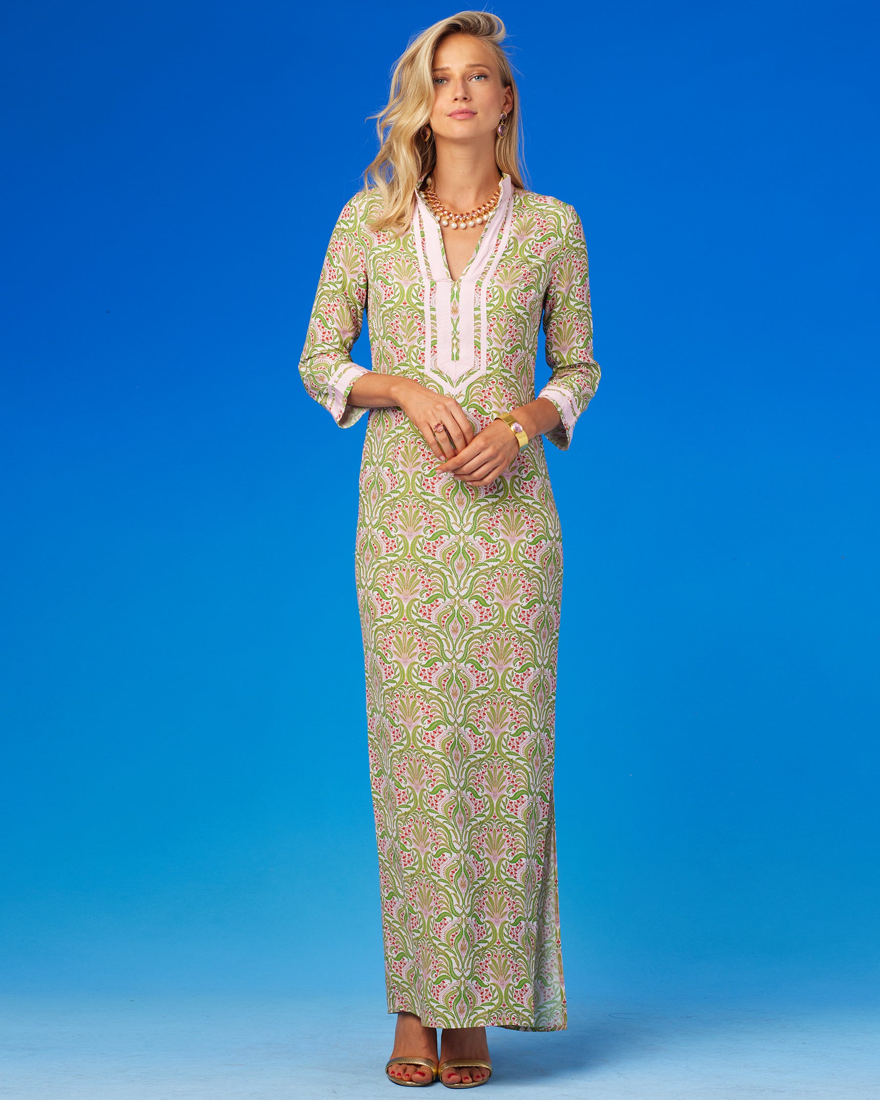 Capri Long Tunic Dress in Delicate Ferns-Full Front