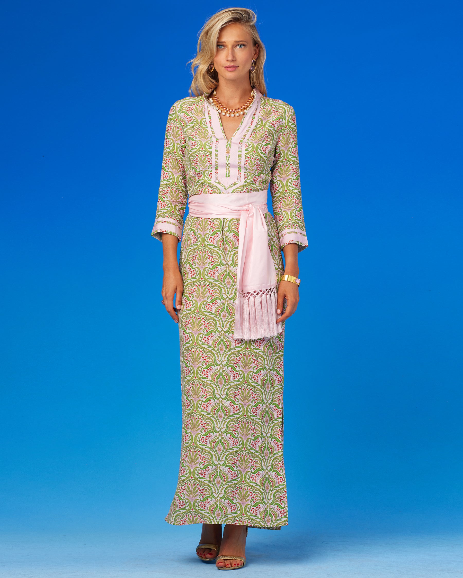 Capri Long Tunic Dress in Delicate Ferns-Front View with Cosima Sash Belt