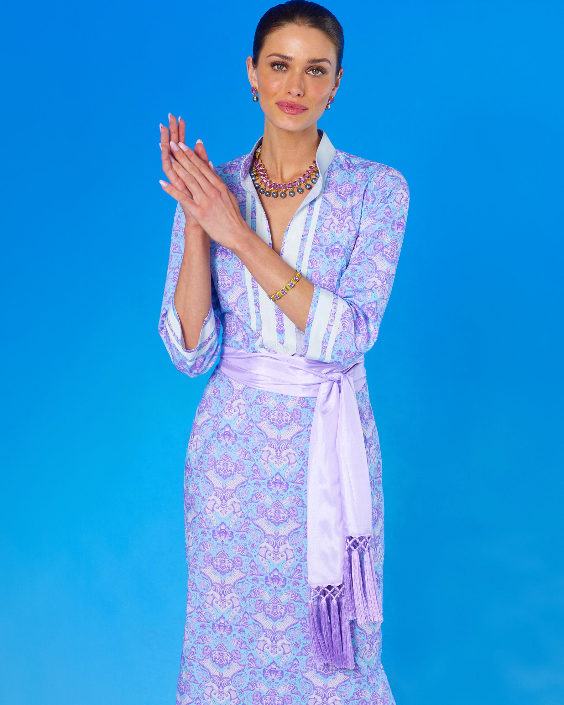Capri Long Tunic Dress in Shalimar Purple on Robin Egg Blue with Cosima Sash Belt