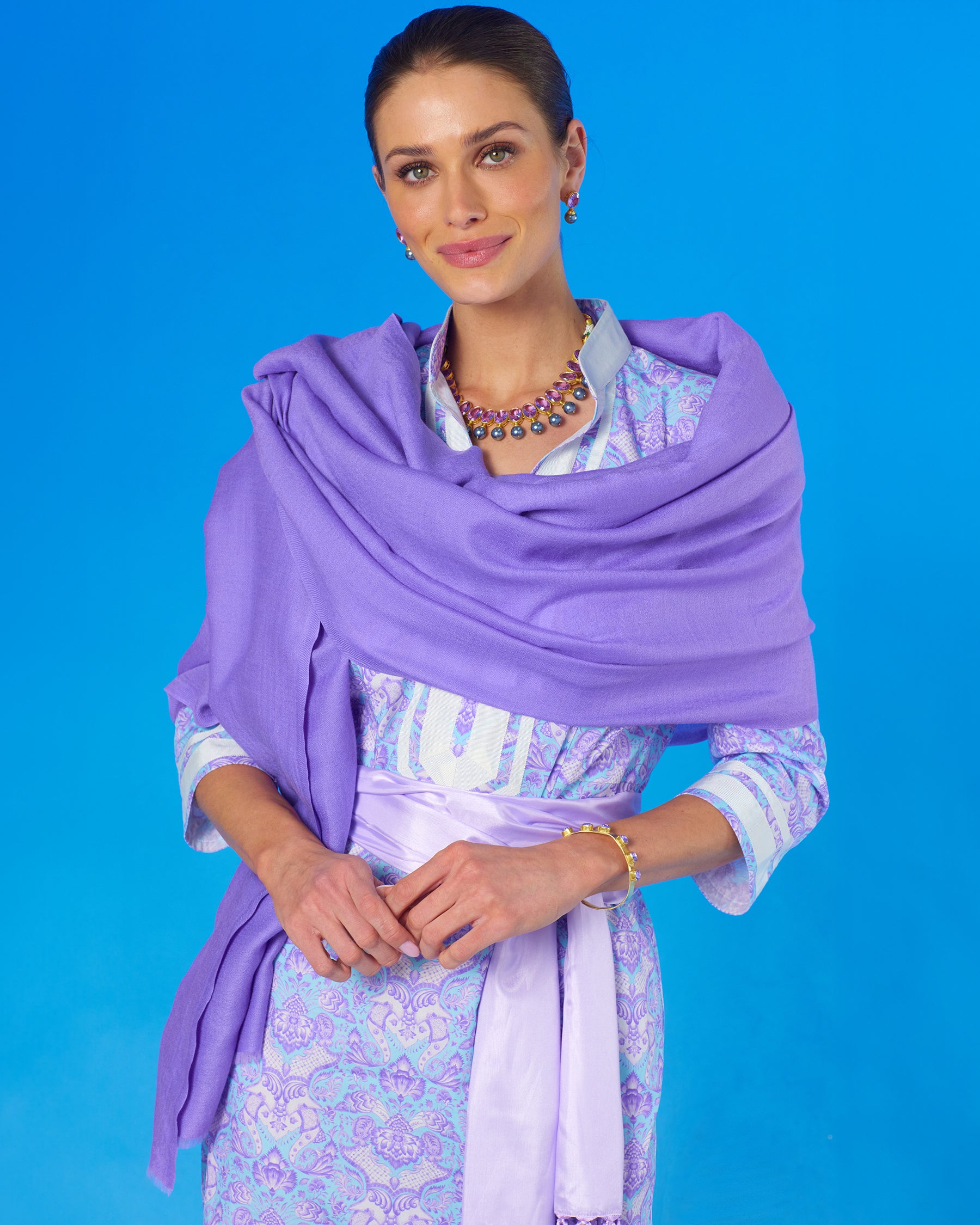 Capri Long Tunic Dress in Shalimar Purple on Robin Egg Blue with Cosima Sash Belt with the Josephine Pashmina Shawl