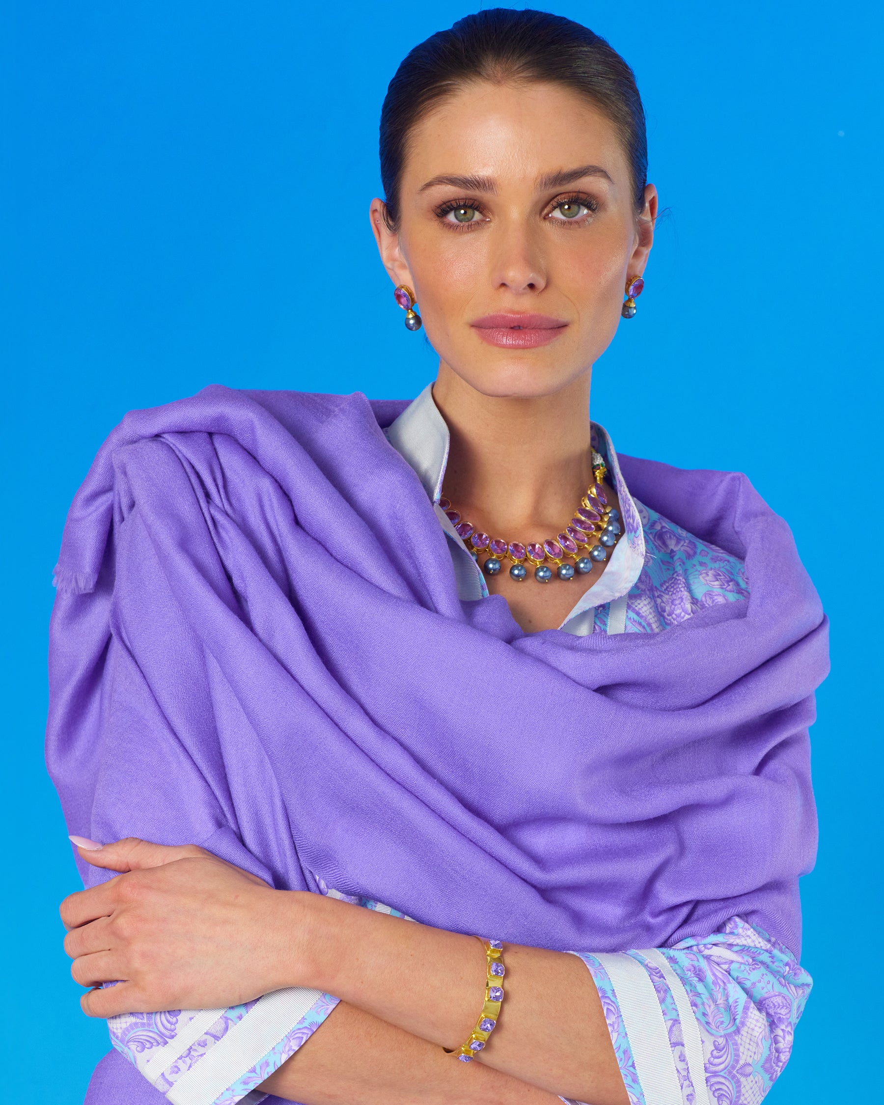 Josephine Pashmina Shawl in Bright Lavender worn with the Capri Long Tunic Dress in Lavender Shalimar