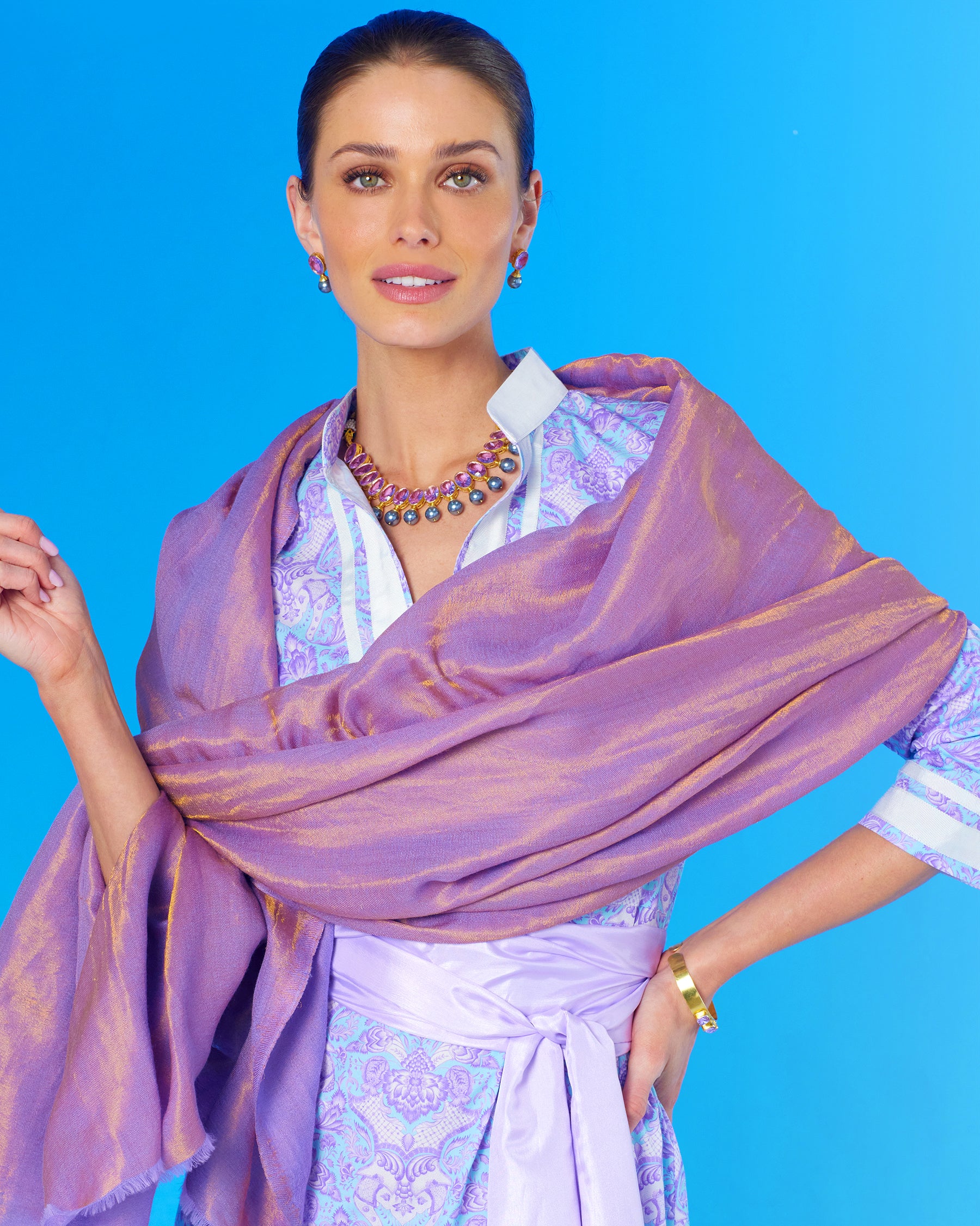 Josephine Reversible Pashmina Shawl in Gold Shimmer Lavender worn with the Capri Long Tunic Dress in Lavender Shalimar