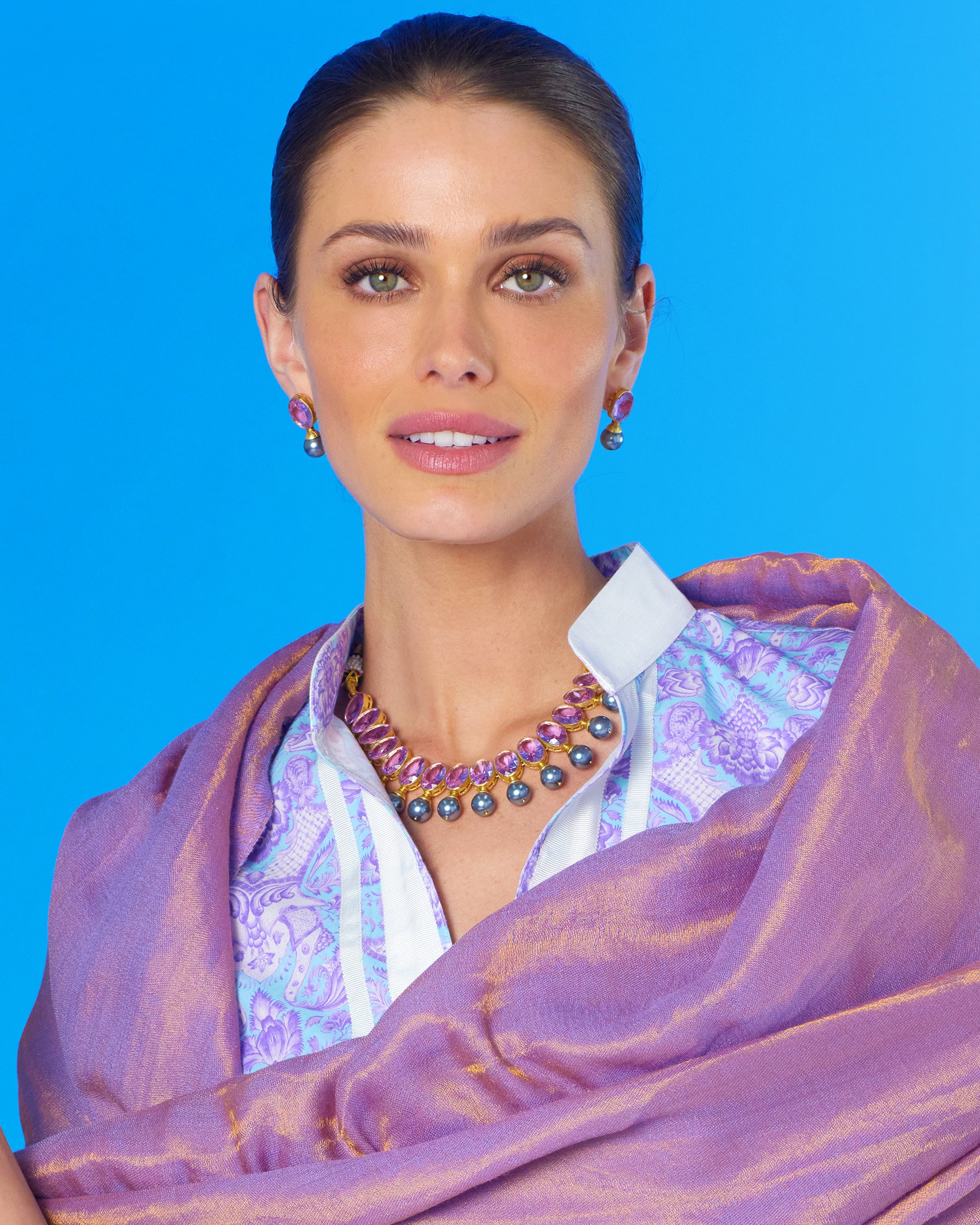 Gia Statement Necklace in Amethyst Lavender qorn with the Capri Long Tunic Dress in Lavender Shalimar