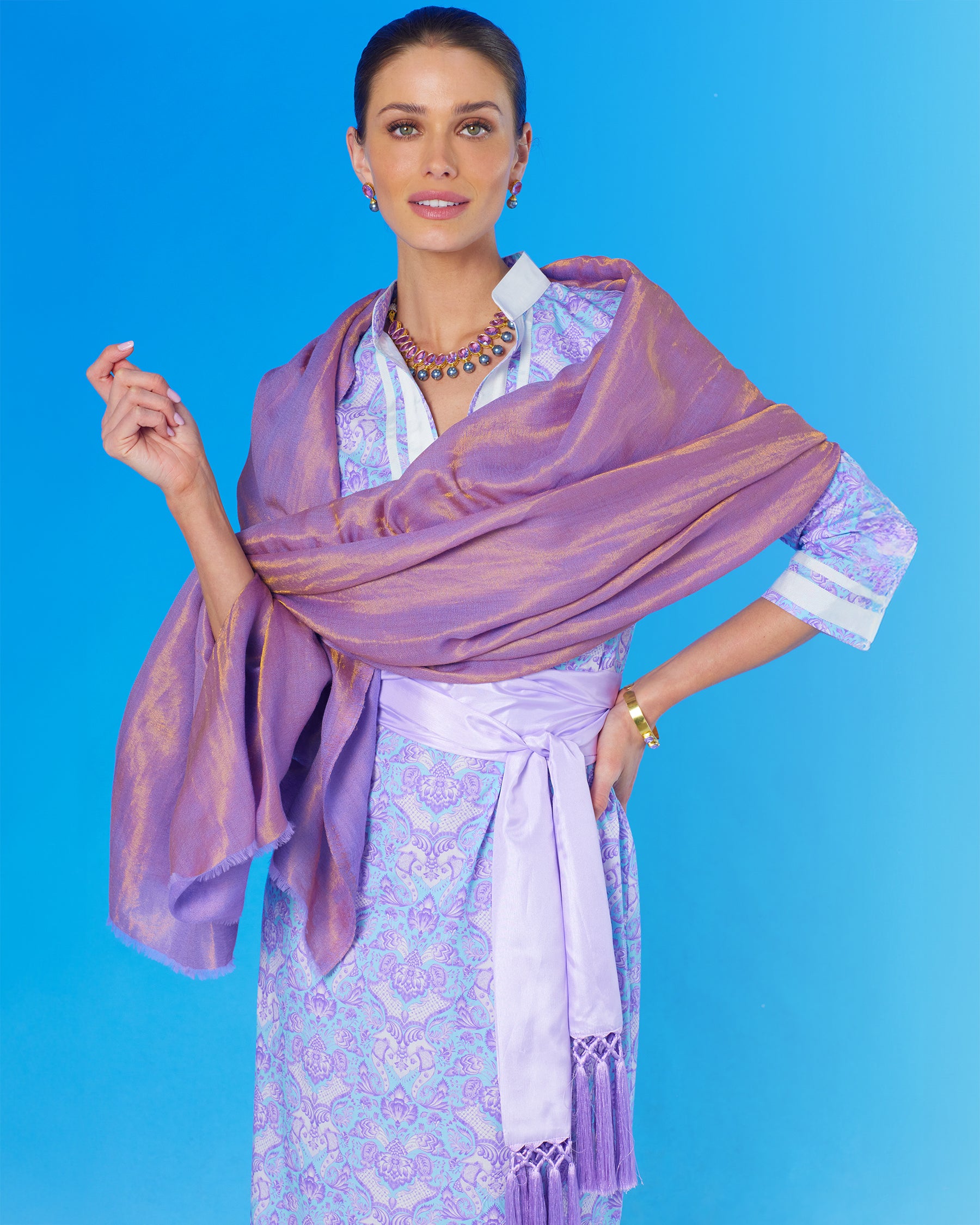 Capri Long Tunic Dress in Shalimar Purple on Robin Egg Blue with Cosima Sash Belt with the Josephine Pashmina Shawl