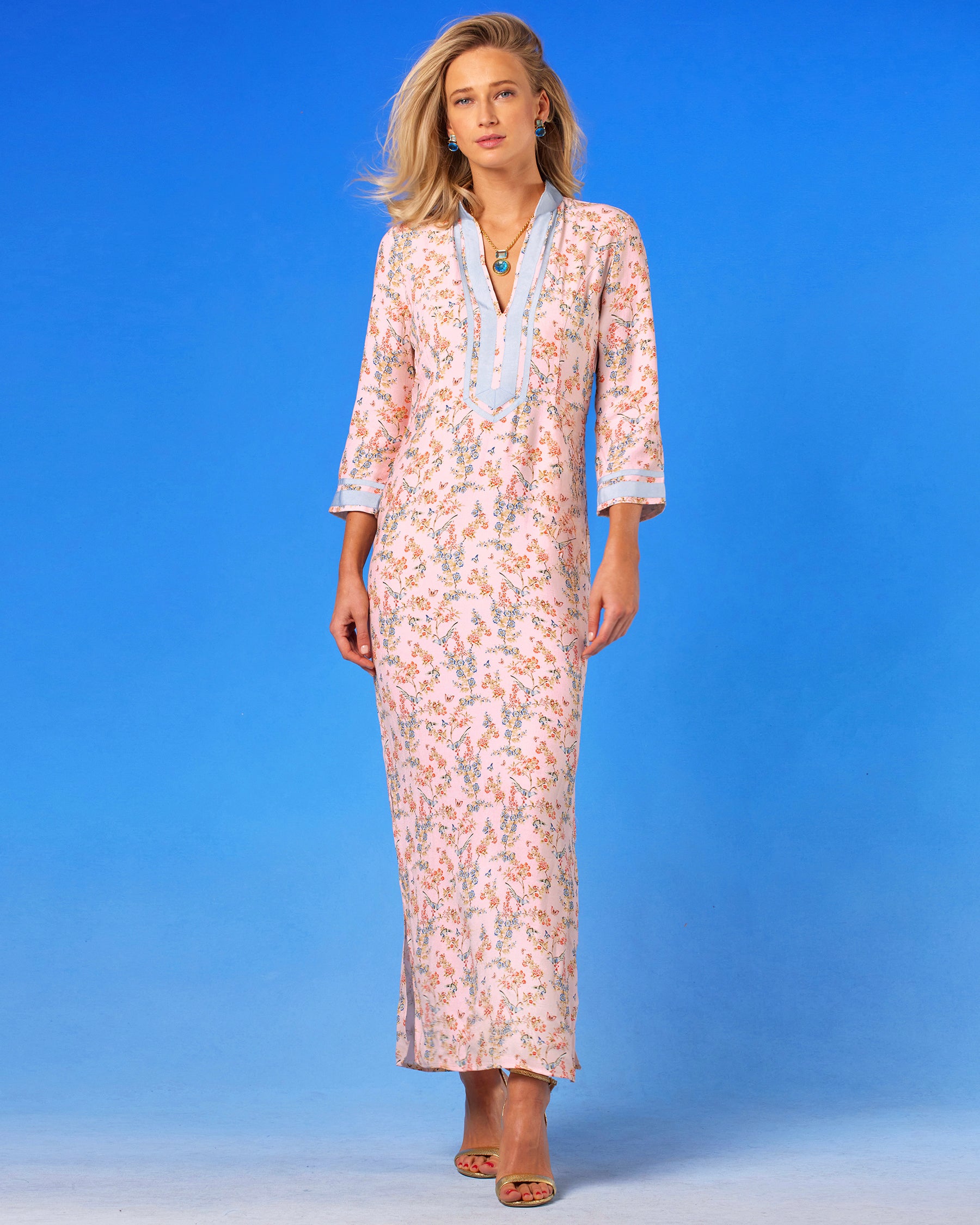 Capri Long Tunic Dress in Delicate Blue Blossoms on Blush Pink front view