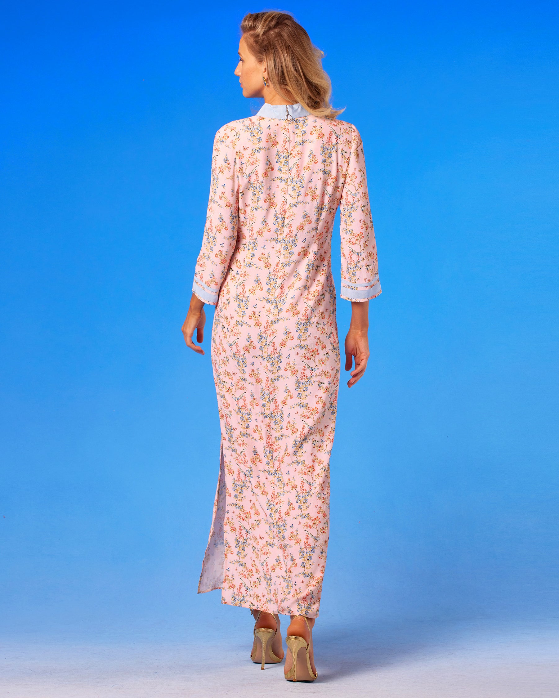 Capri Long Tunic Dress in Delicate Blue Blossoms on Blush Pink back view