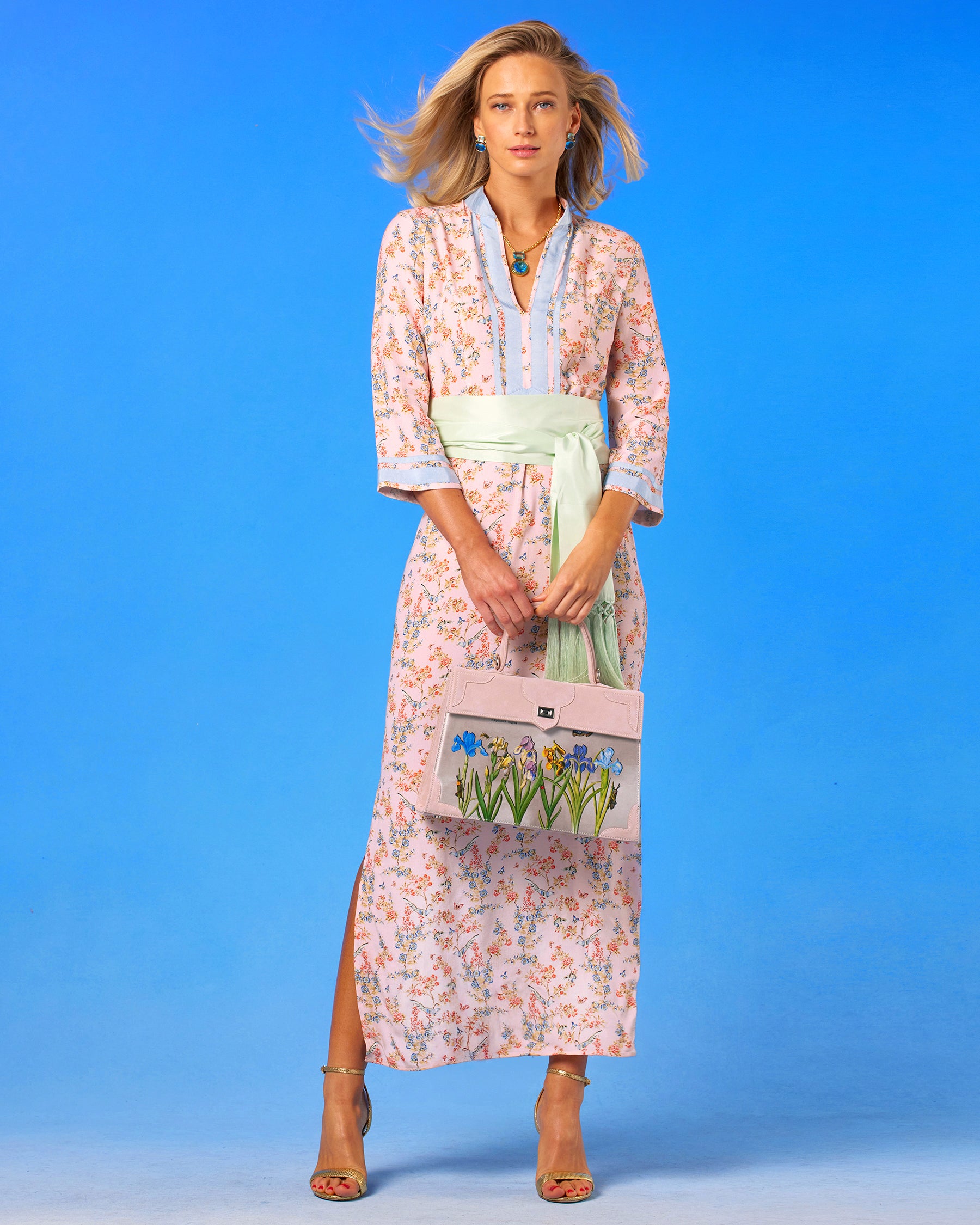 Capri Long Tunic Dress in Delicate Blue Blossoms on Blush Pink front view with Marquise Paris Handbag designed in Paris