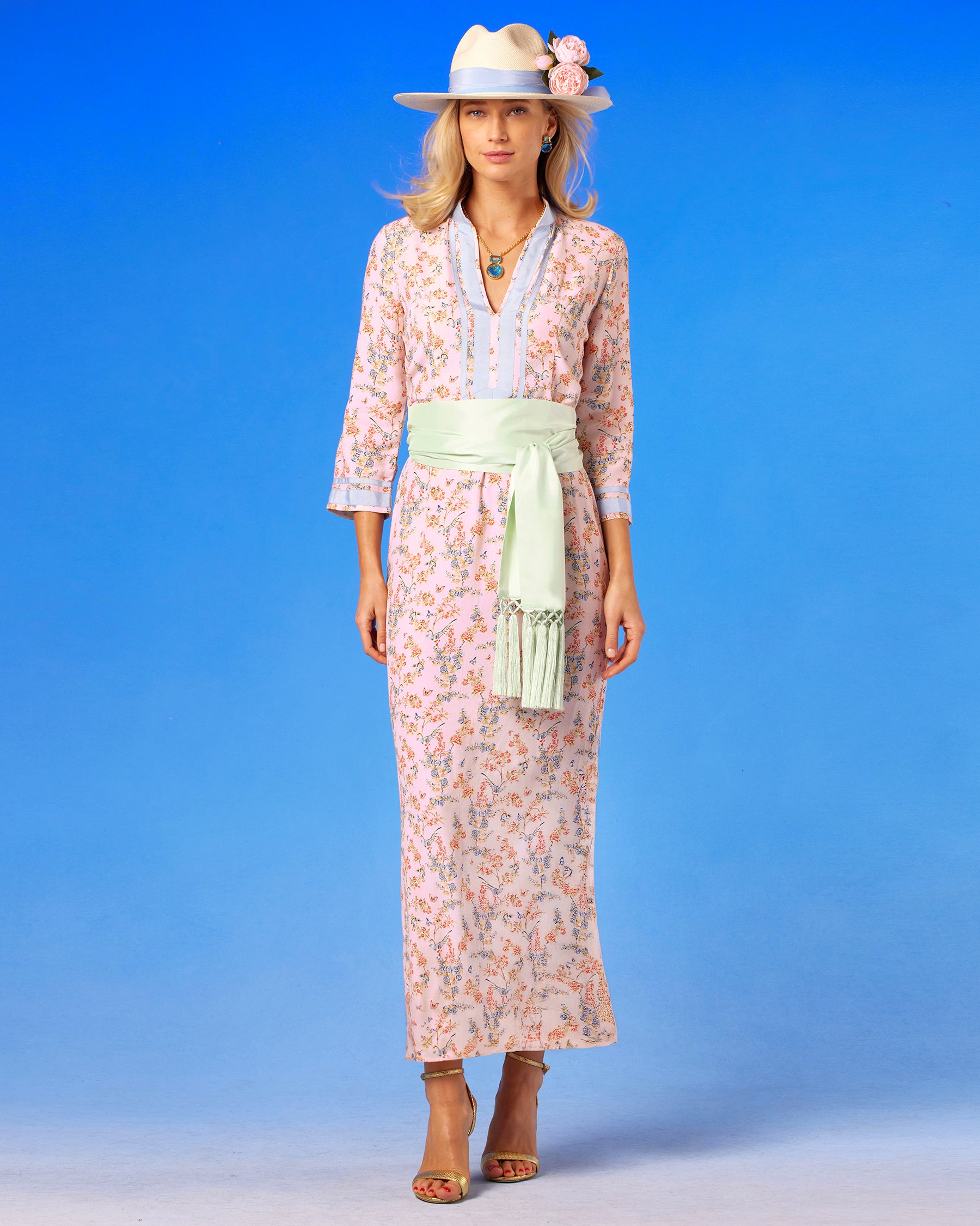 Capri Long Tunic Dress in Delicate Blue Blossoms on Blush Pink