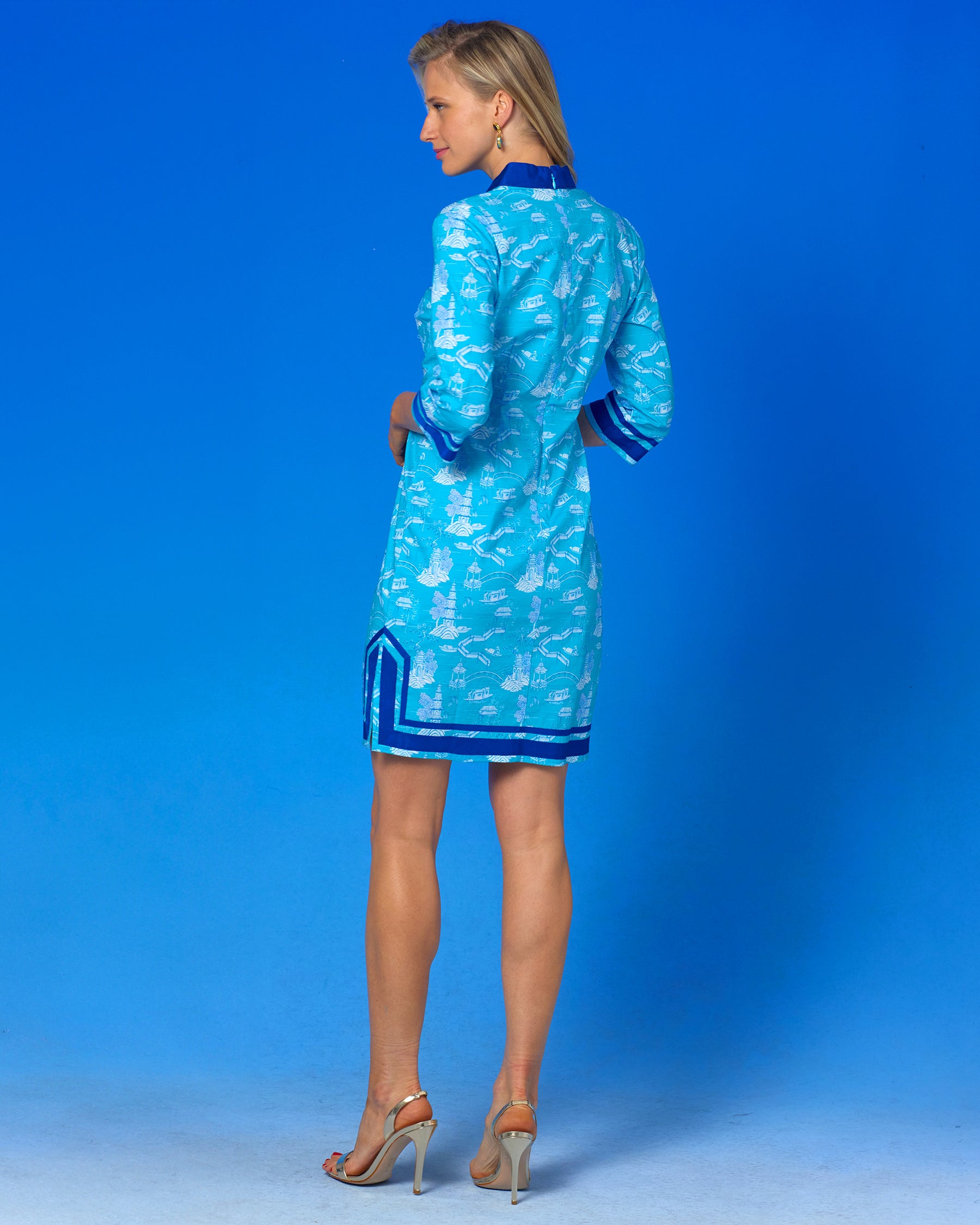 Capri Short Tunic Dress in Turquoise Blue Scenic Toile-Back view