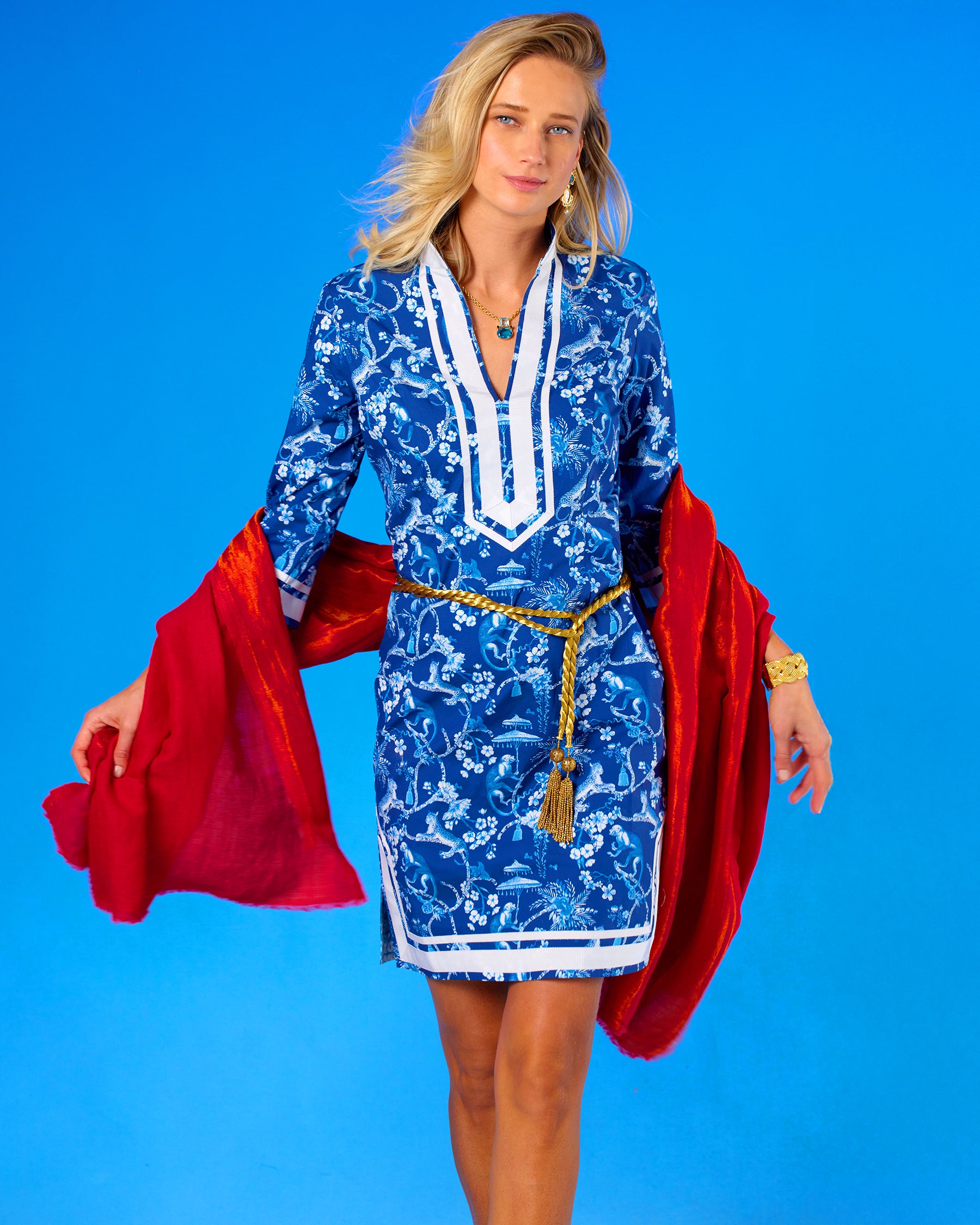 Josephine Reversible Pashmina Shawl in Gold Shimmer Red worn with the Capri Short Tunic Dress in Whimsical Blue and White Jungle Toile