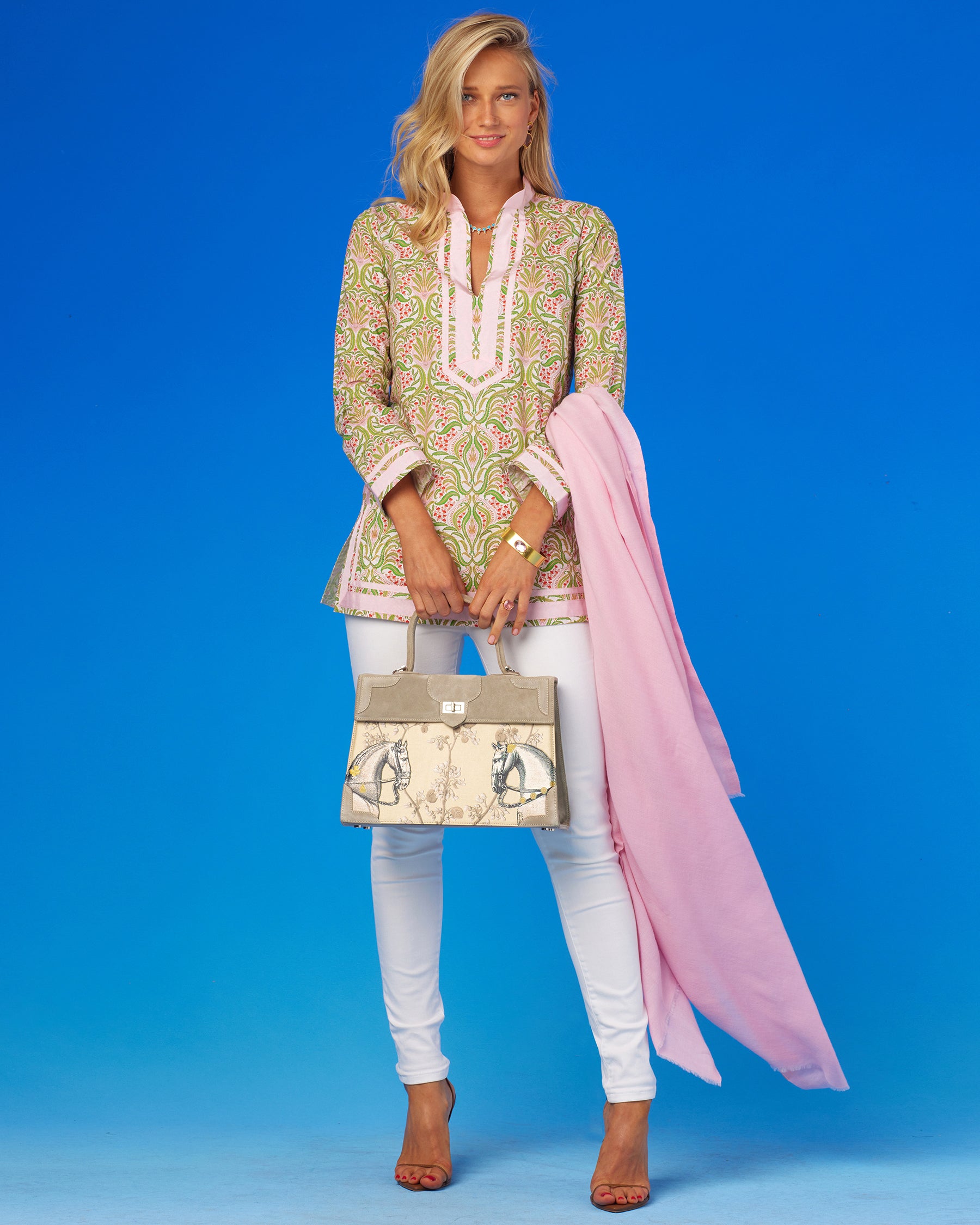 Marquise Paris Recontre Équestre Top Handle Shoulder Bag in Sand-Worn with the Capri Tunic in Delicate Ferns and Josephine Pashmina Shawl
