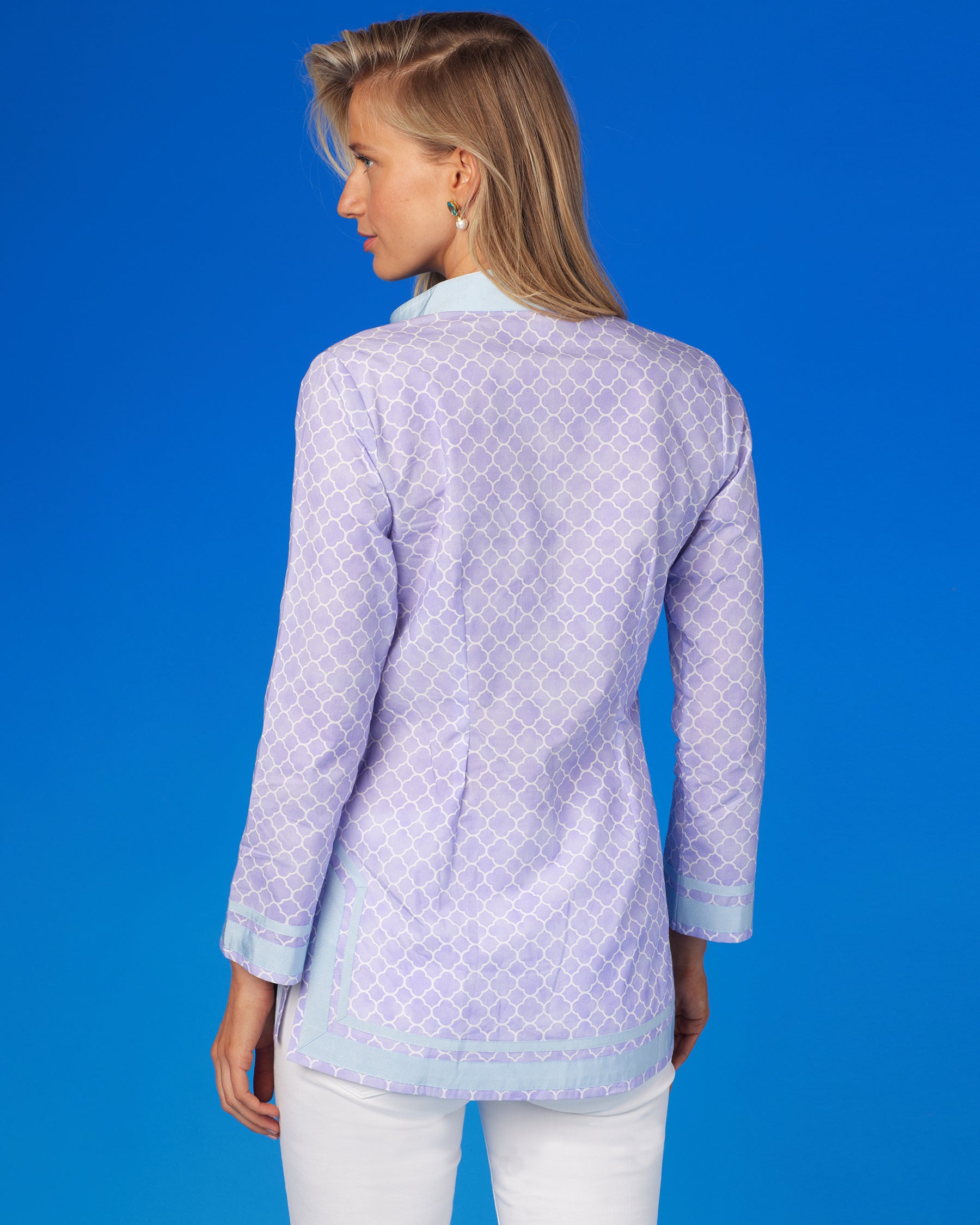 Capri Tunic in Alhambra Sunset Lavender Print-Back View